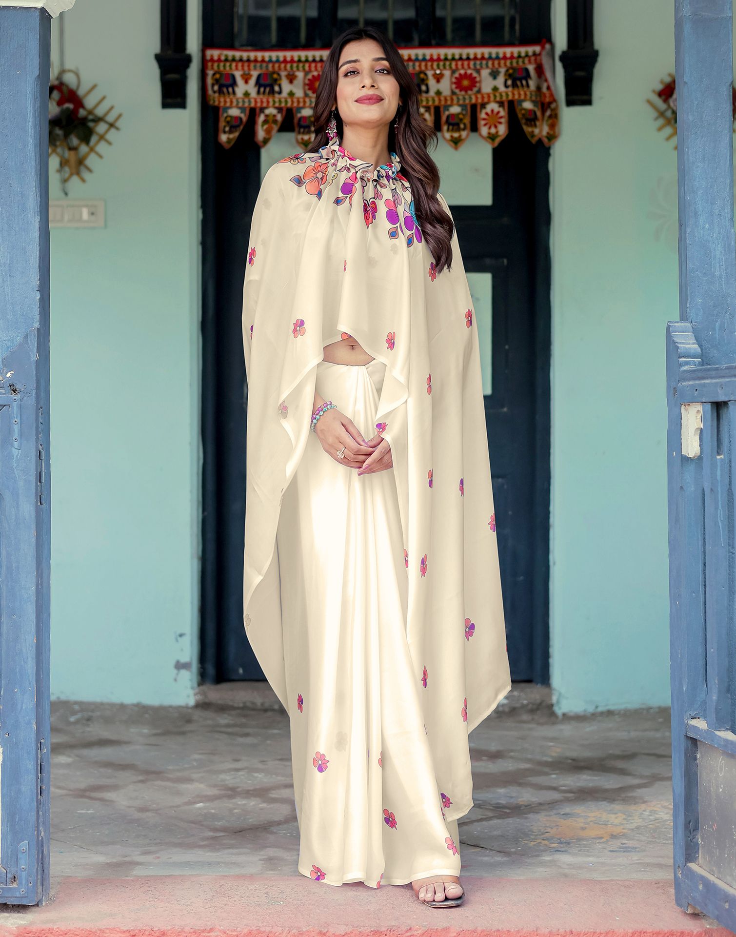 Handsfree Off White Satin Floral Printed Saree