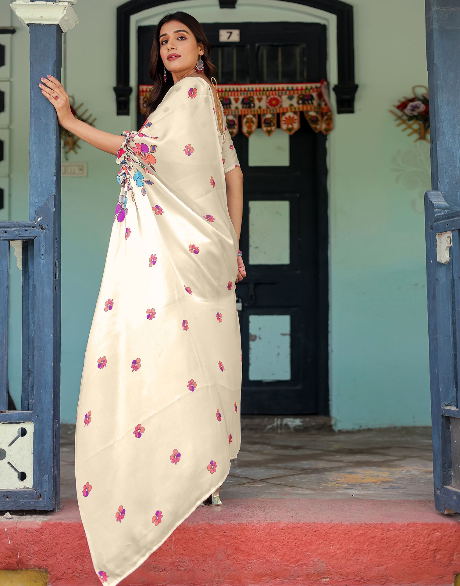 Handsfree Off White Satin Floral Printed Saree