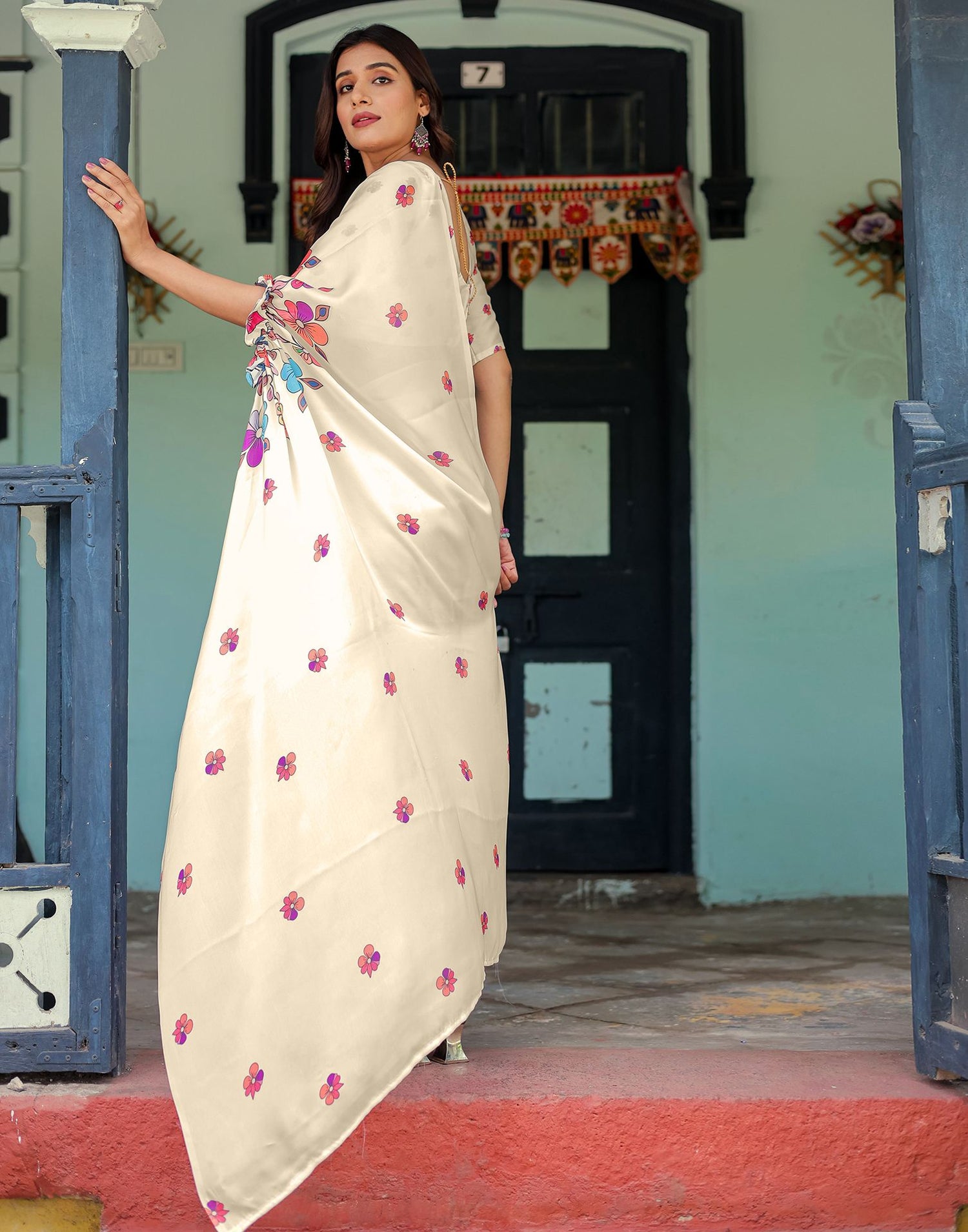 Handsfree Off White Satin Floral Printed  Saree
