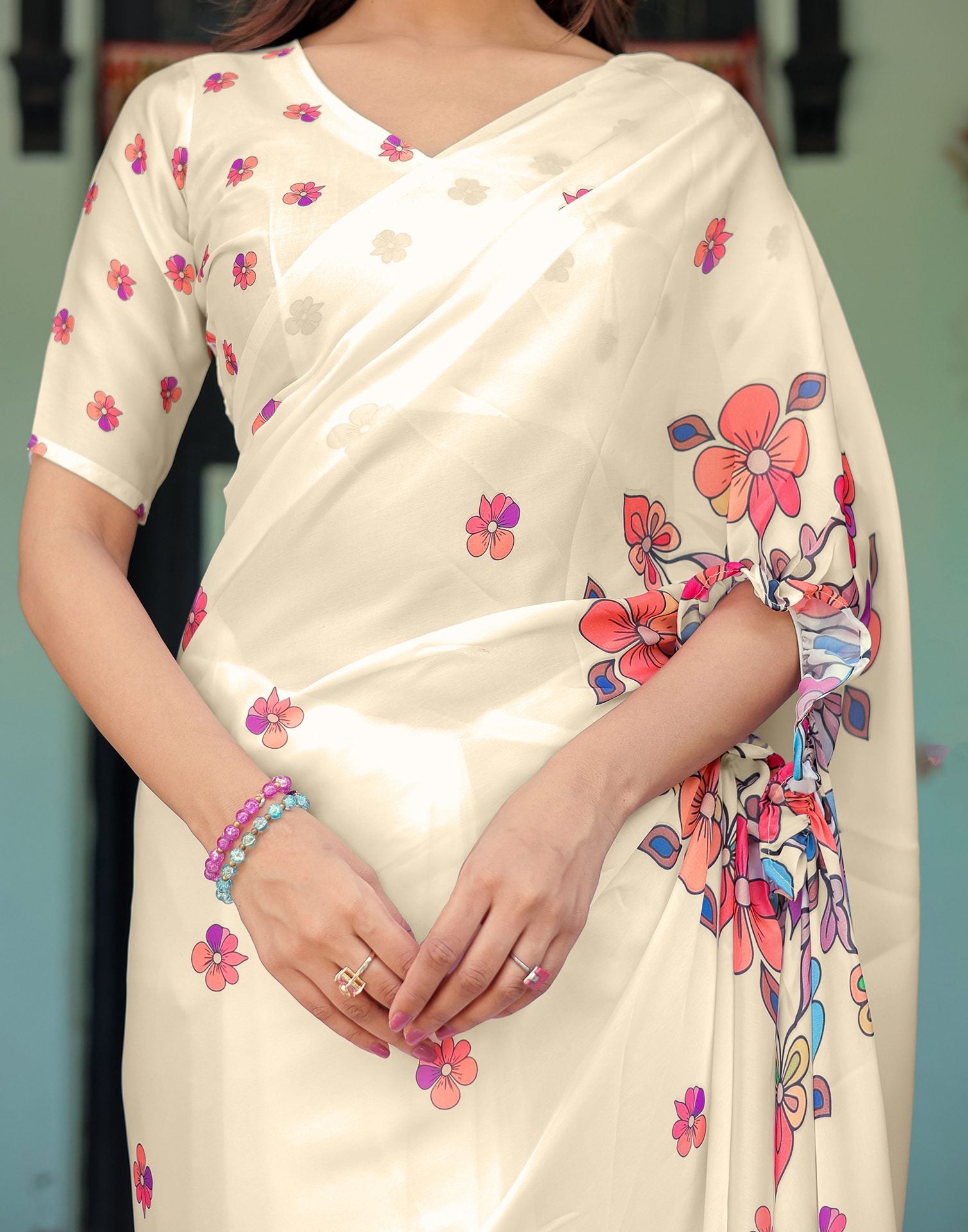 Handsfree Off White Satin Floral Printed Saree