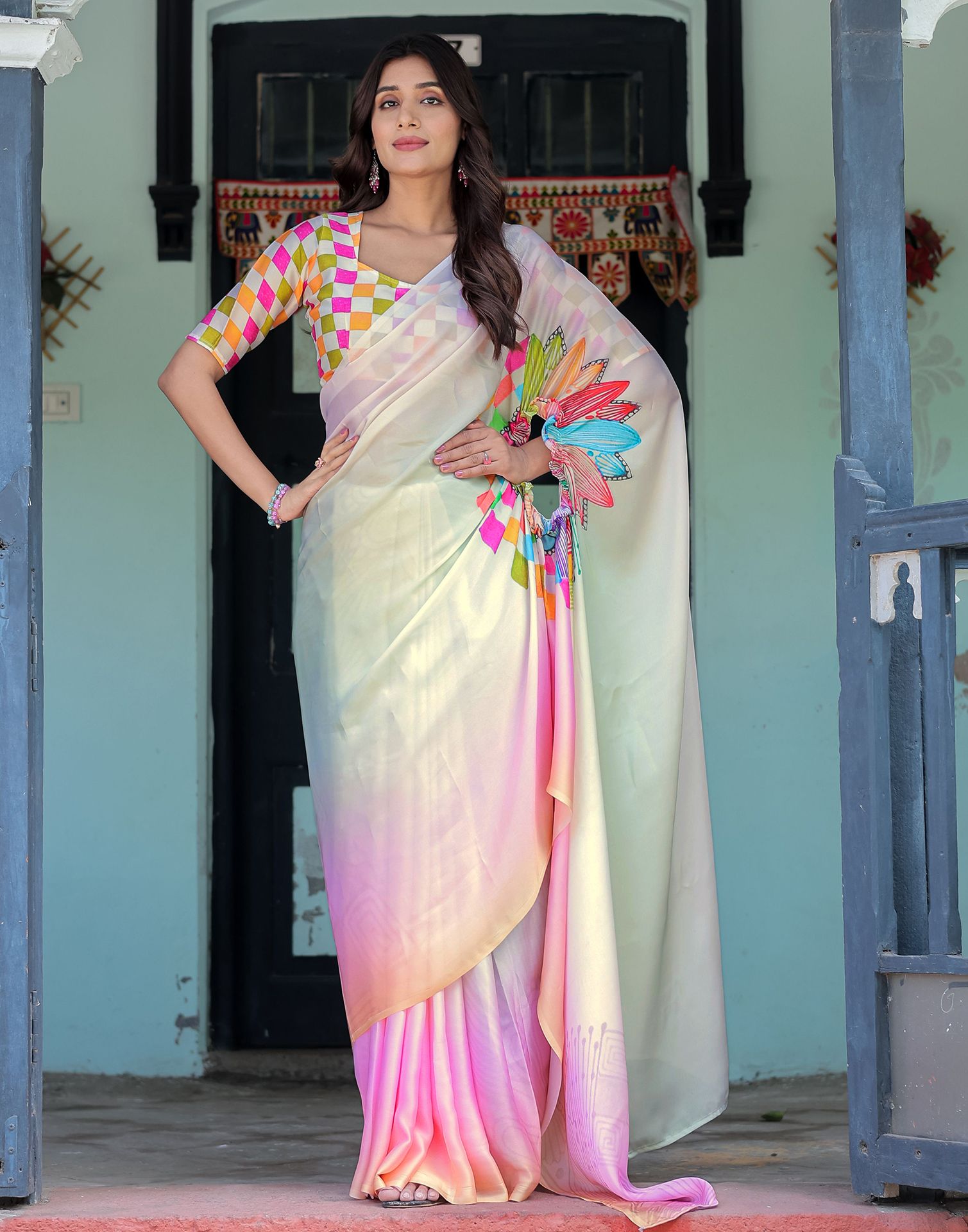 Handsfree Multicoloured Satin Printed Saree