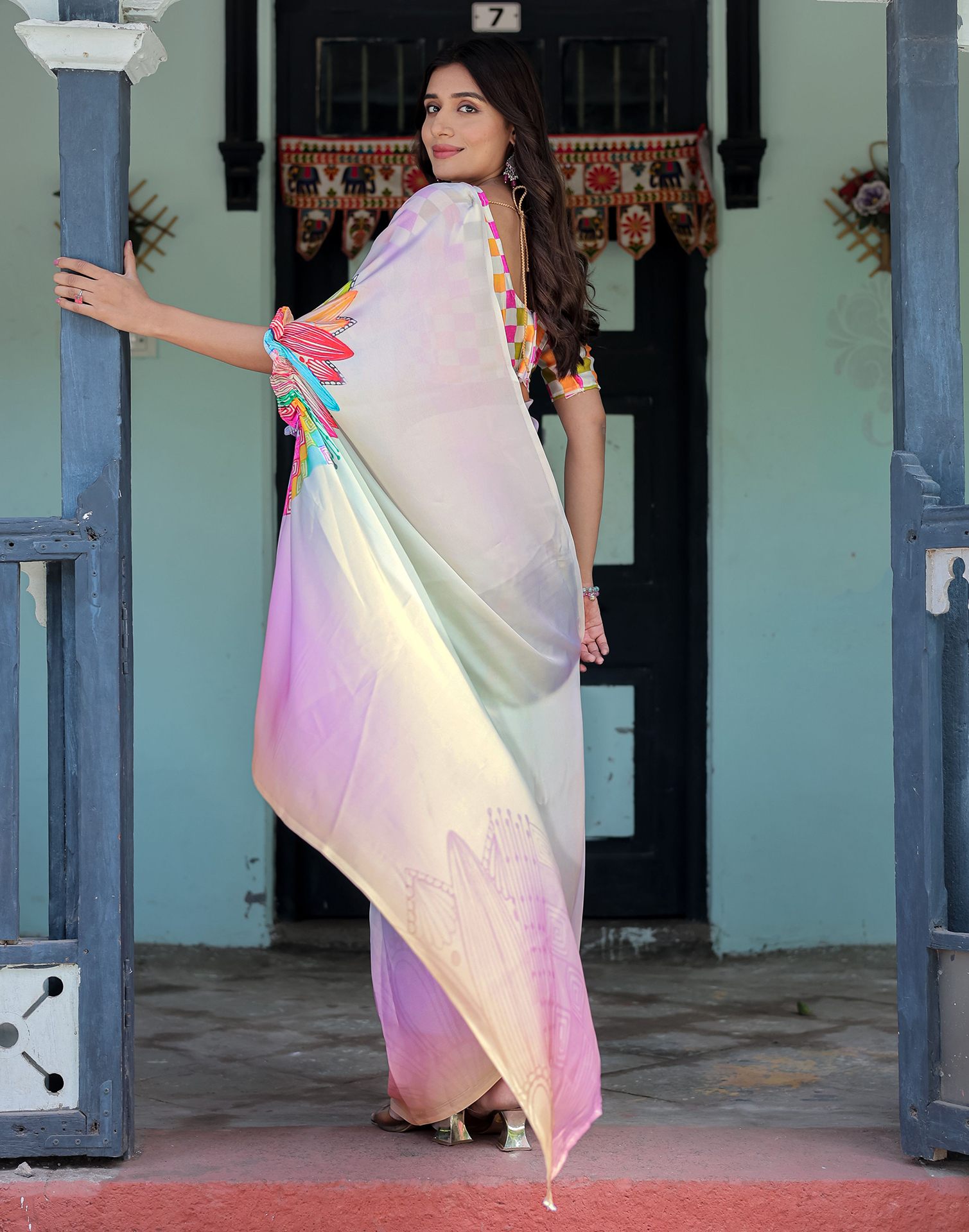 Handsfree Multicoloured Satin Printed Saree