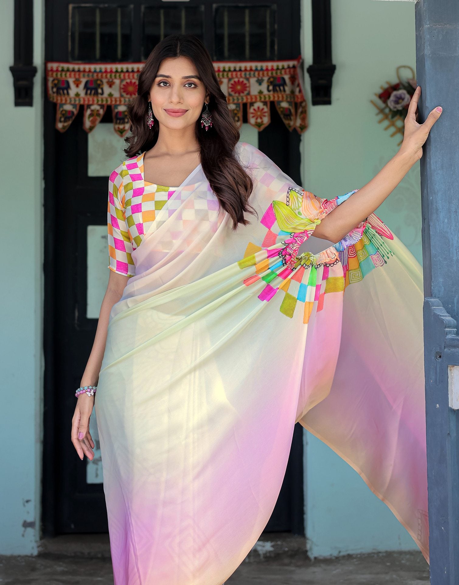 Handsfree Multicoloured Satin Printed Saree