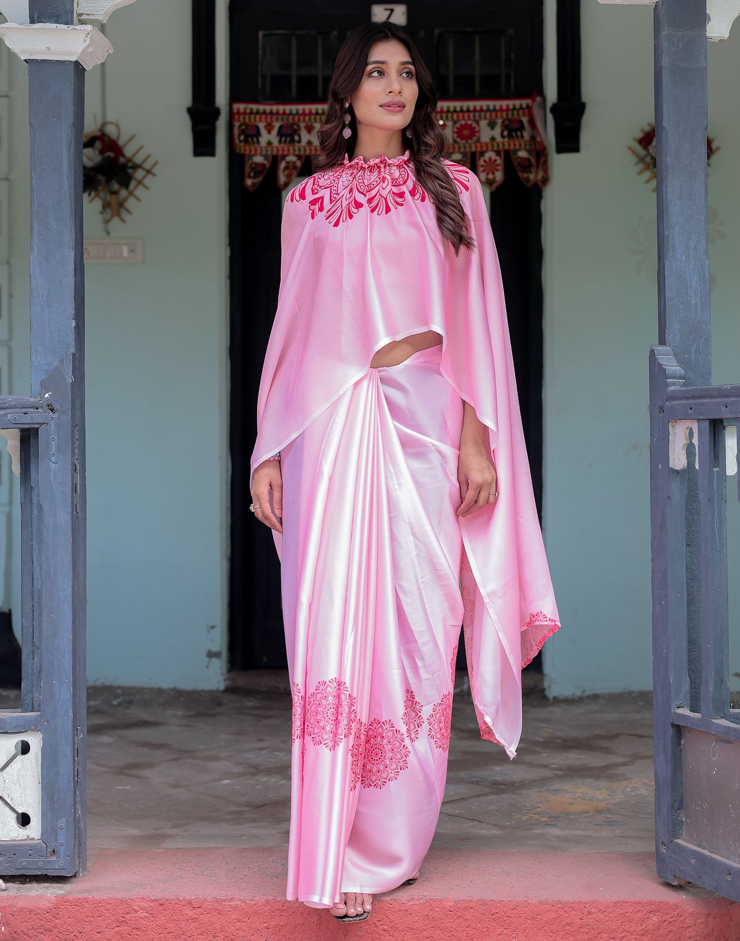 Handsfree Light Pink Satin Printed Saree