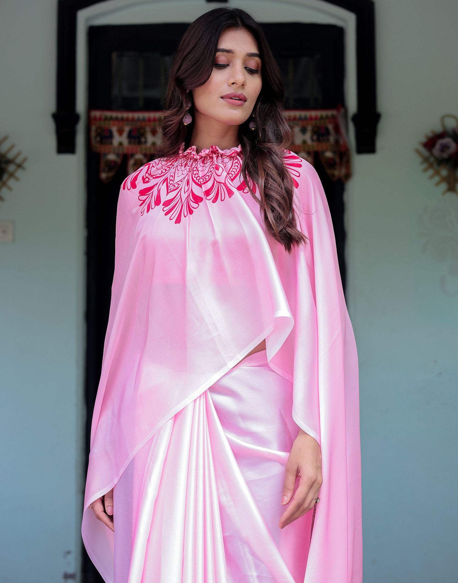 Handsfree Light Pink Satin Printed Saree