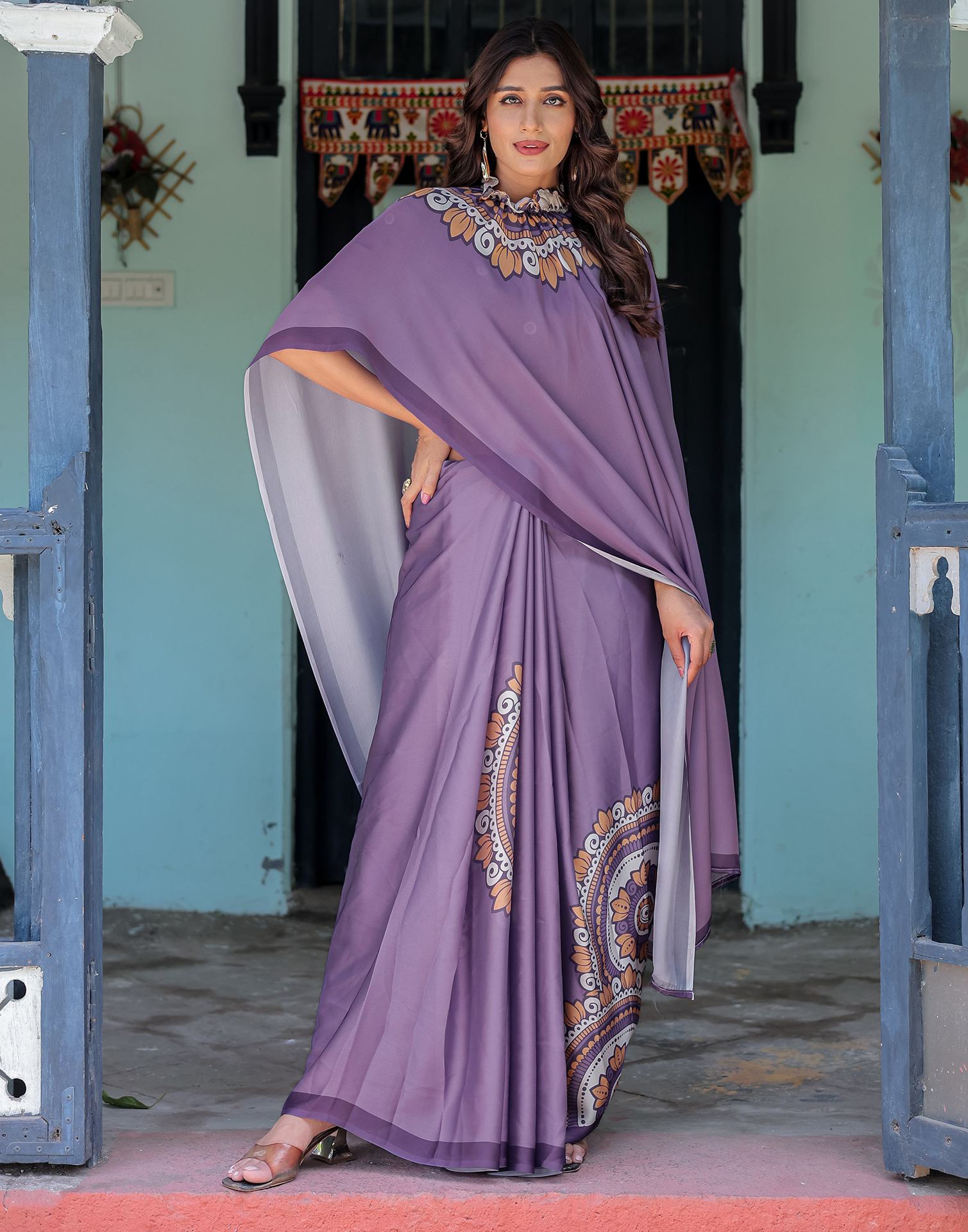 Handsfree Dusty Purple Satin Printed Saree