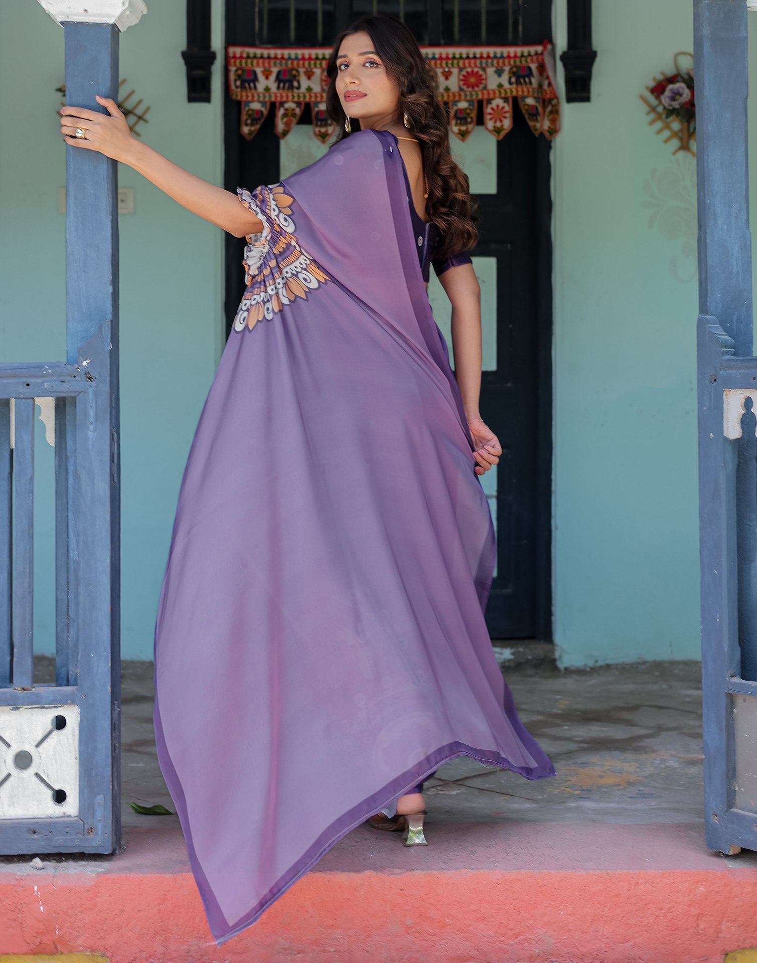 Handsfree Dusty Purple Satin Printed Saree