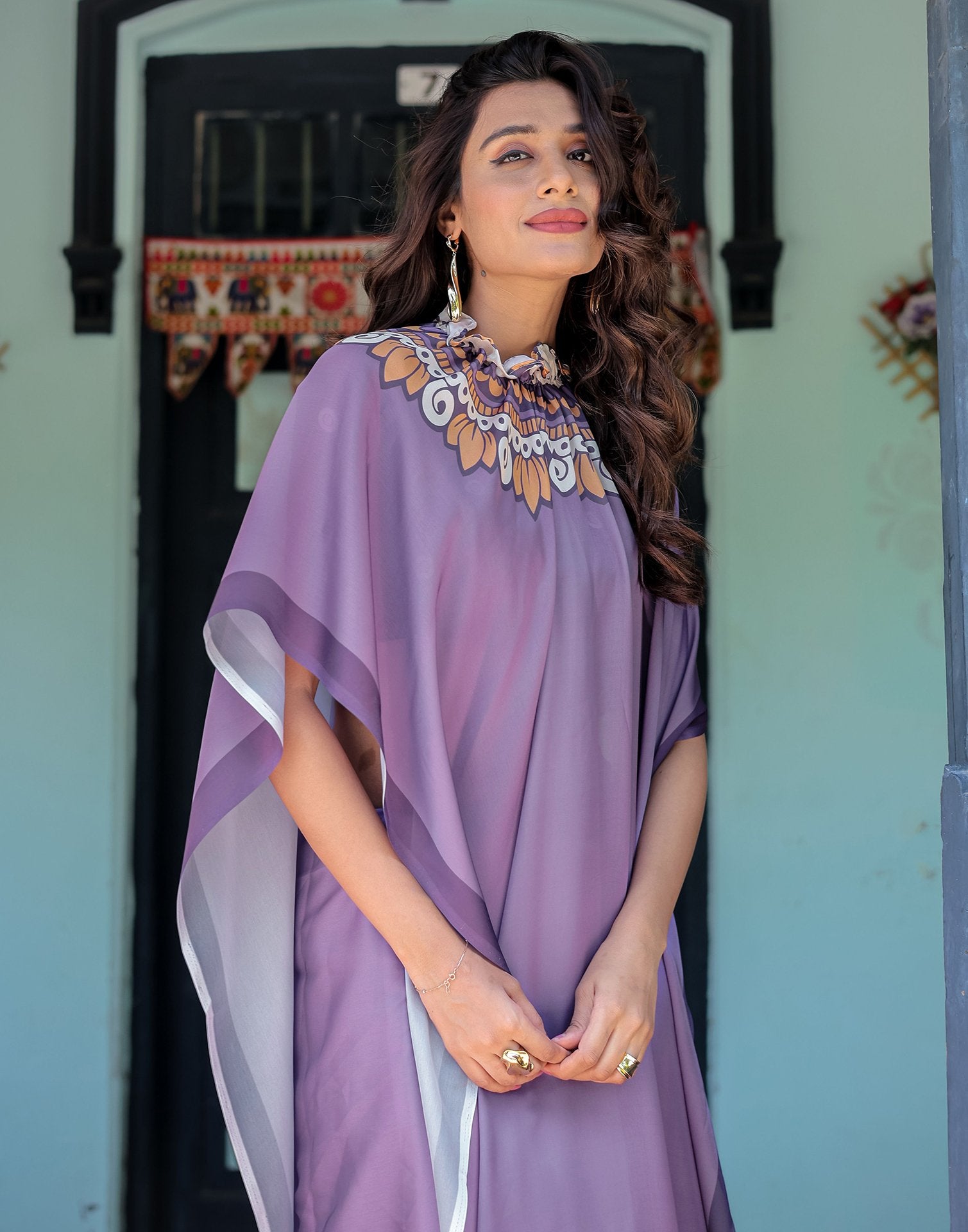 Handsfree Dusty Purple Satin Printed Saree