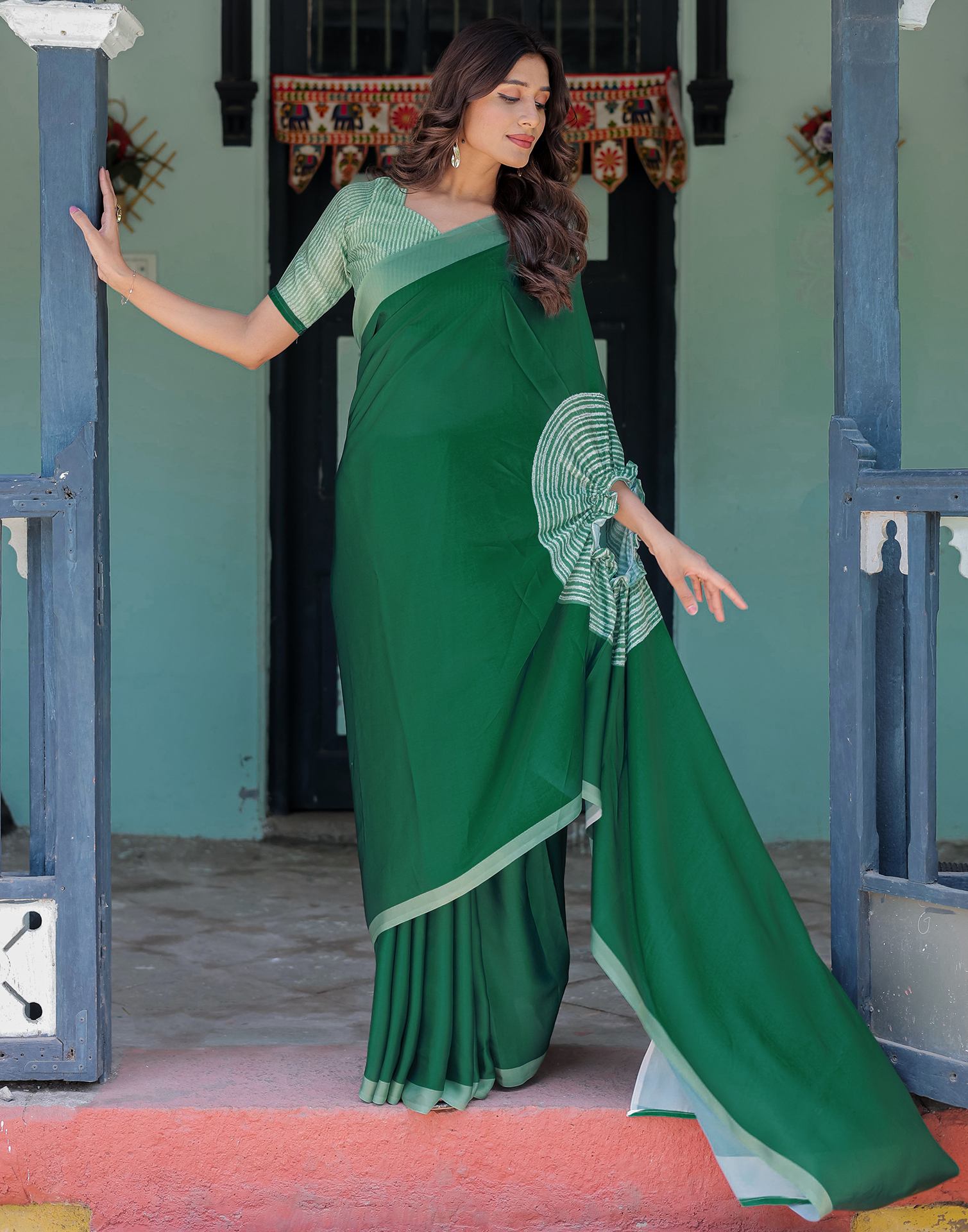 Handsfree Dark Green Satin Printed Saree