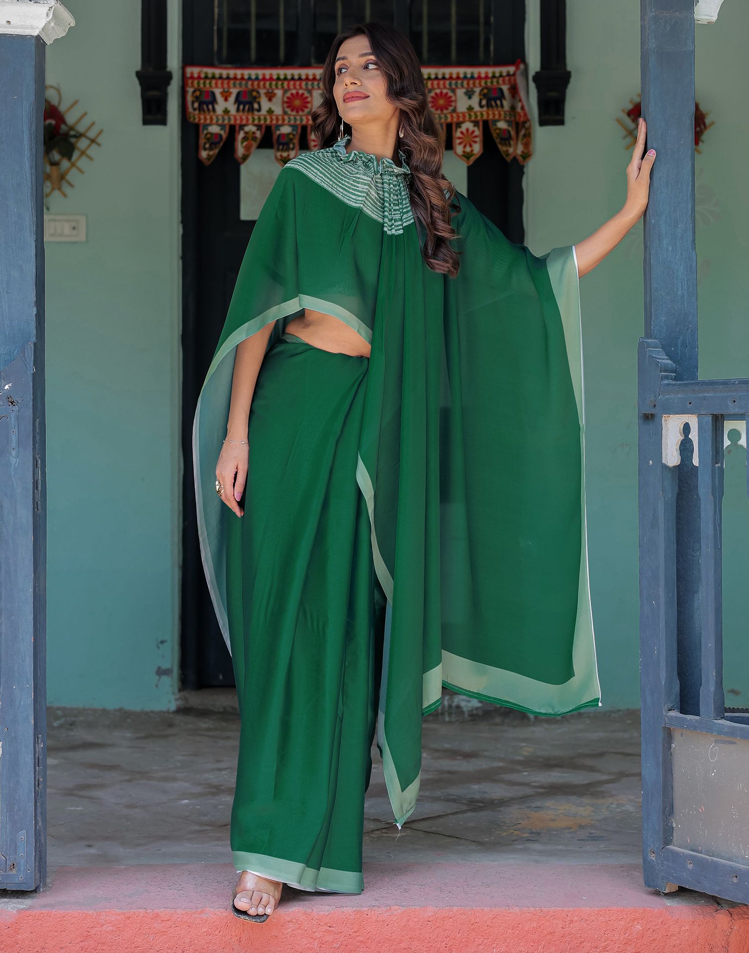Handsfree Dark Green Satin Printed Saree