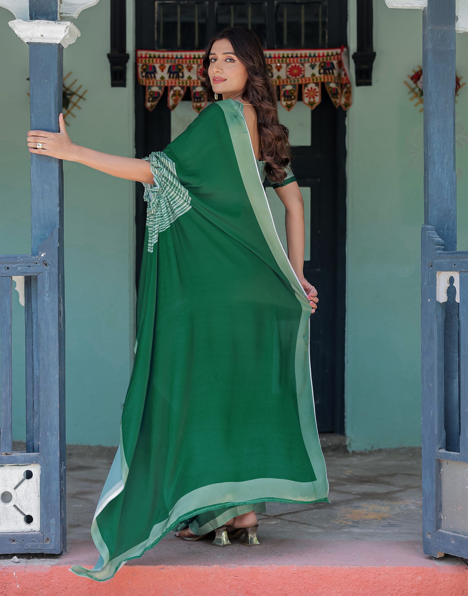 Handsfree Dark Green Satin Printed Saree