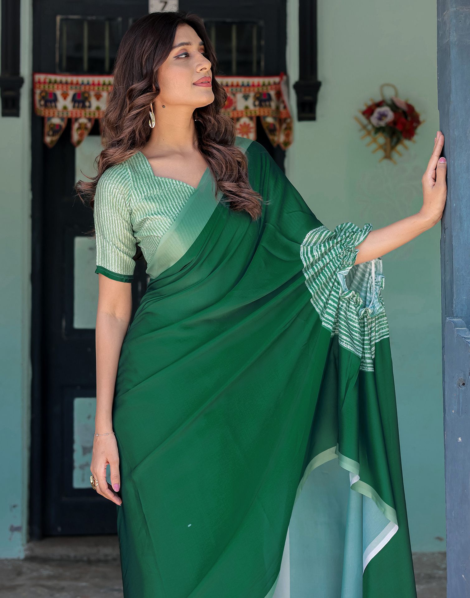 Handsfree Dark Green Satin Printed Saree