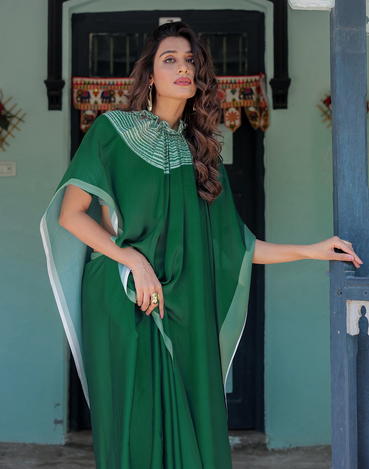 Handsfree Dark Green Satin Printed Saree