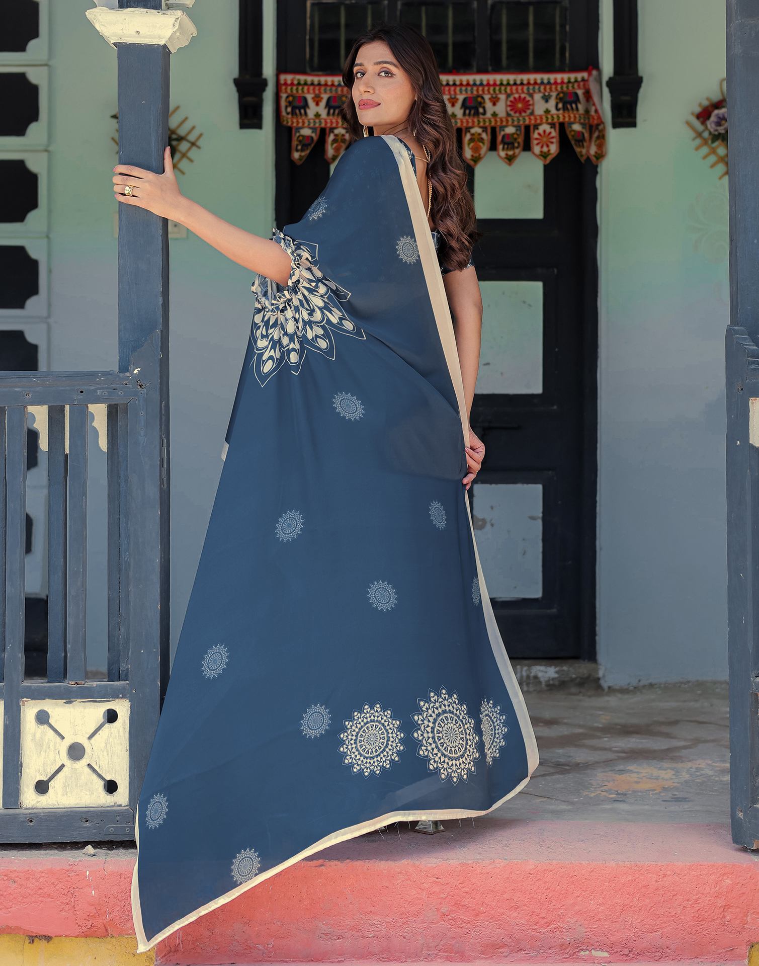 Handsfree Rama Blue Satin Printed Saree
