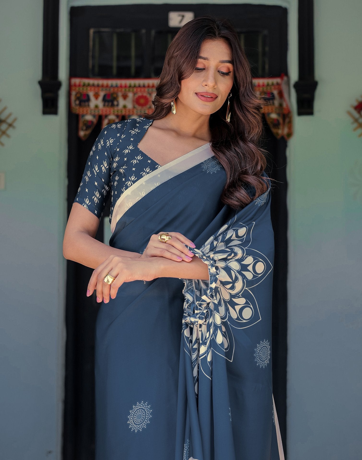 Handsfree Rama Blue Satin Printed Saree