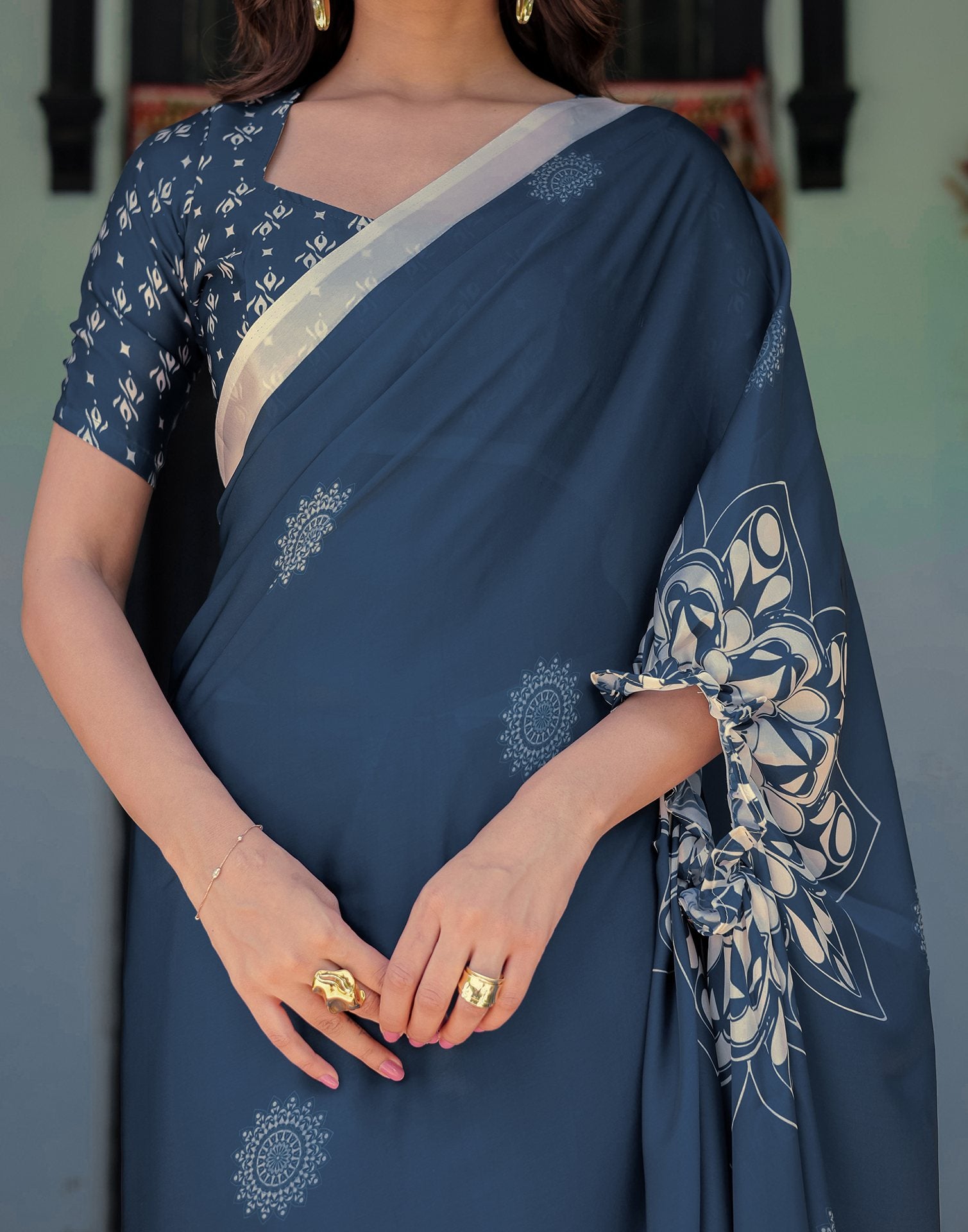 Handsfree Rama Blue Satin Printed Saree