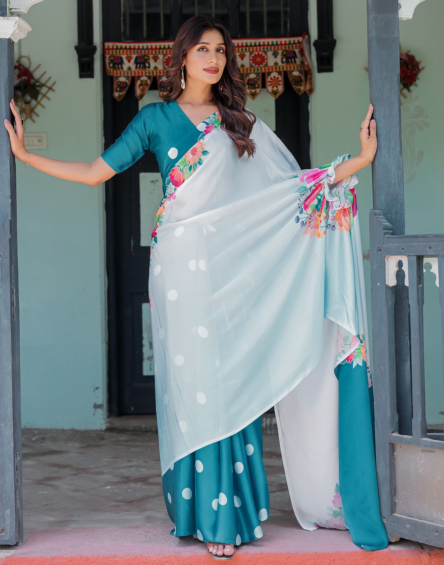 Handsfree Sky Blue Satin Floral Printed Saree