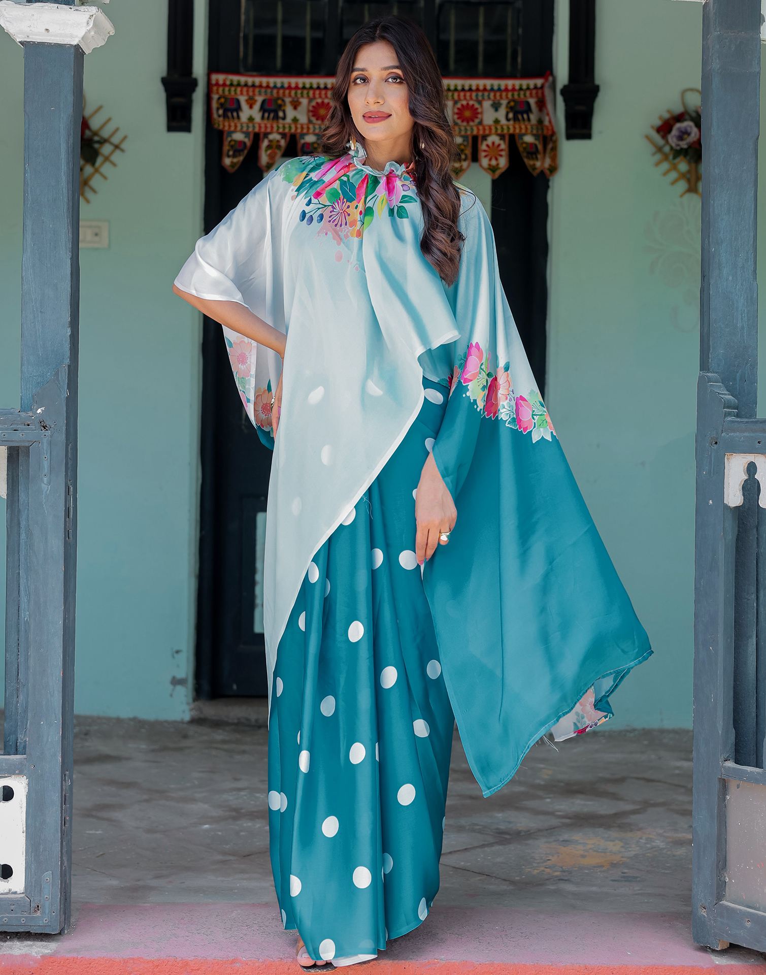 Handsfree Sky Blue Satin Floral Printed Saree