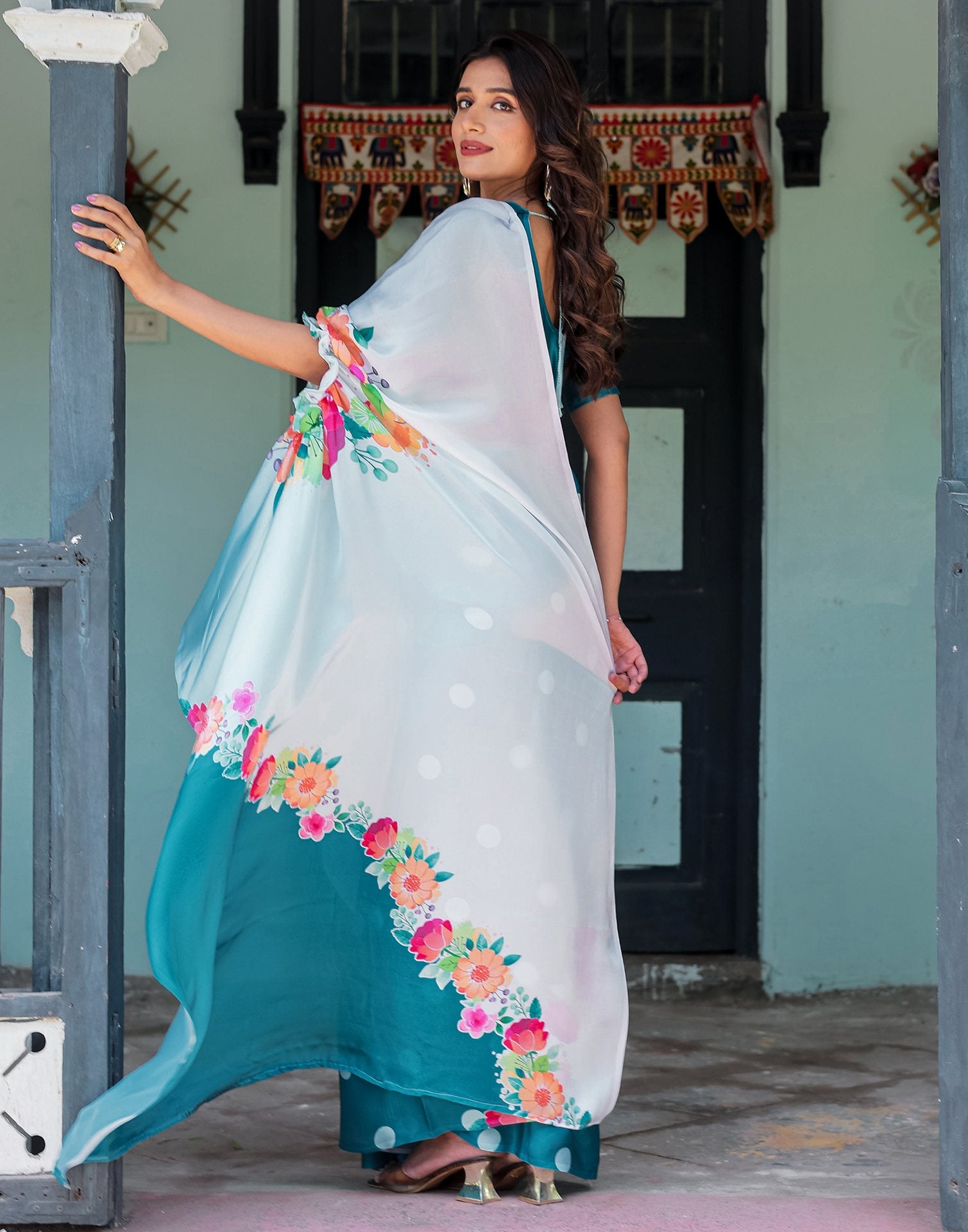 Handsfree Sky Blue Satin Floral Printed Saree