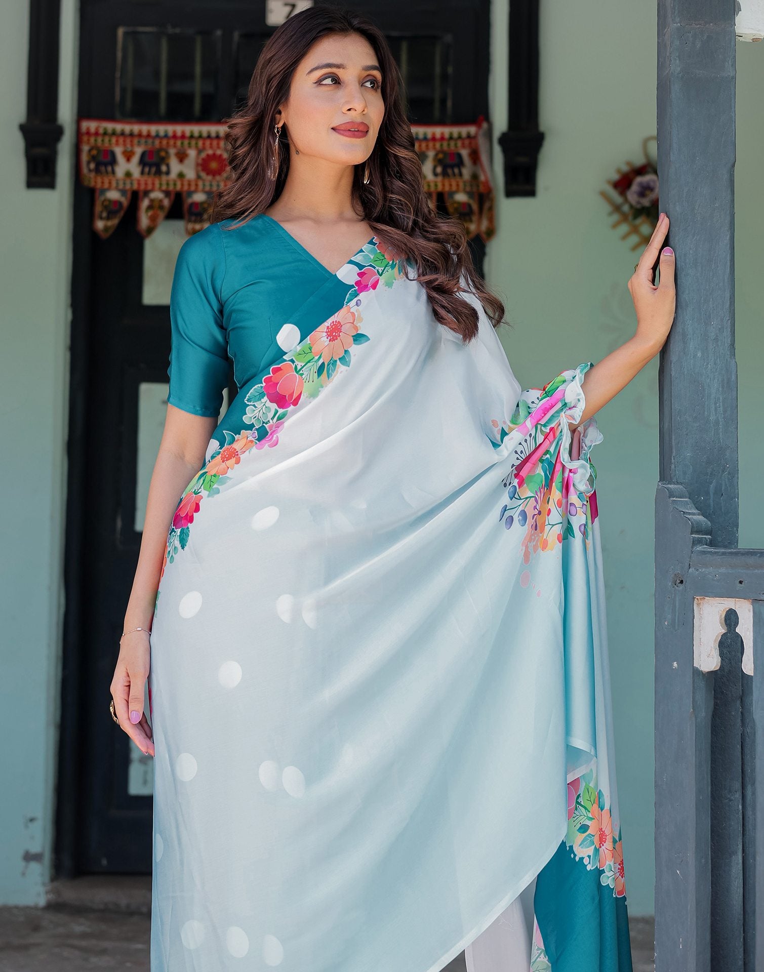 Handsfree Sky Blue Satin Floral Printed Saree