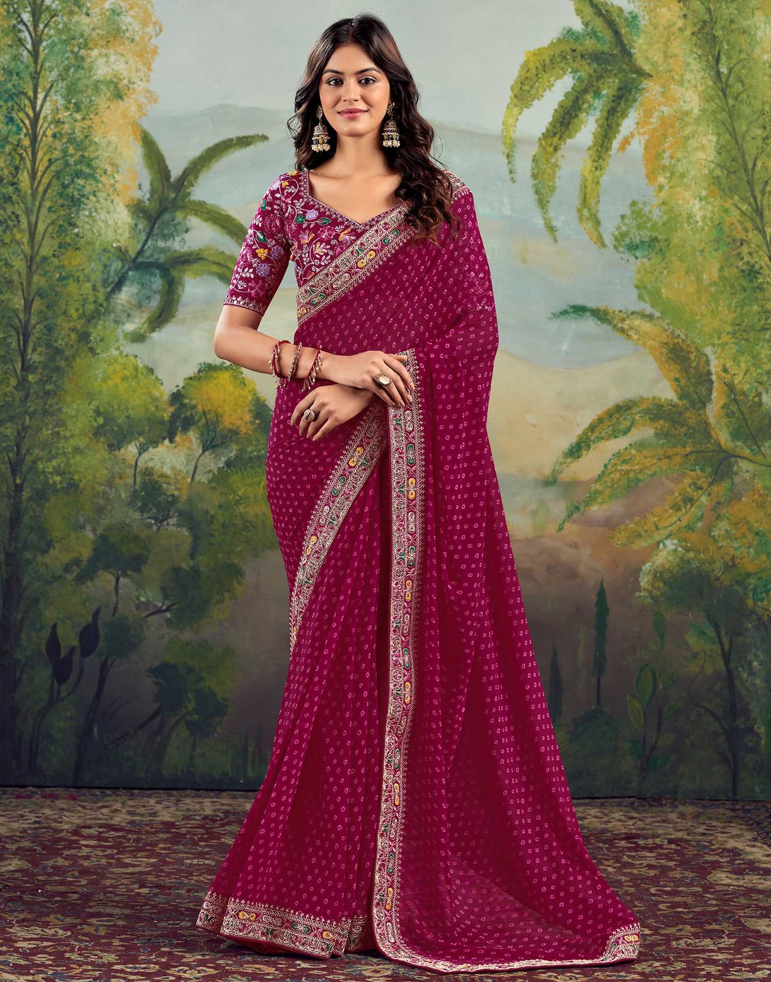 Rani Pink Georgette Bandhani Printed Saree