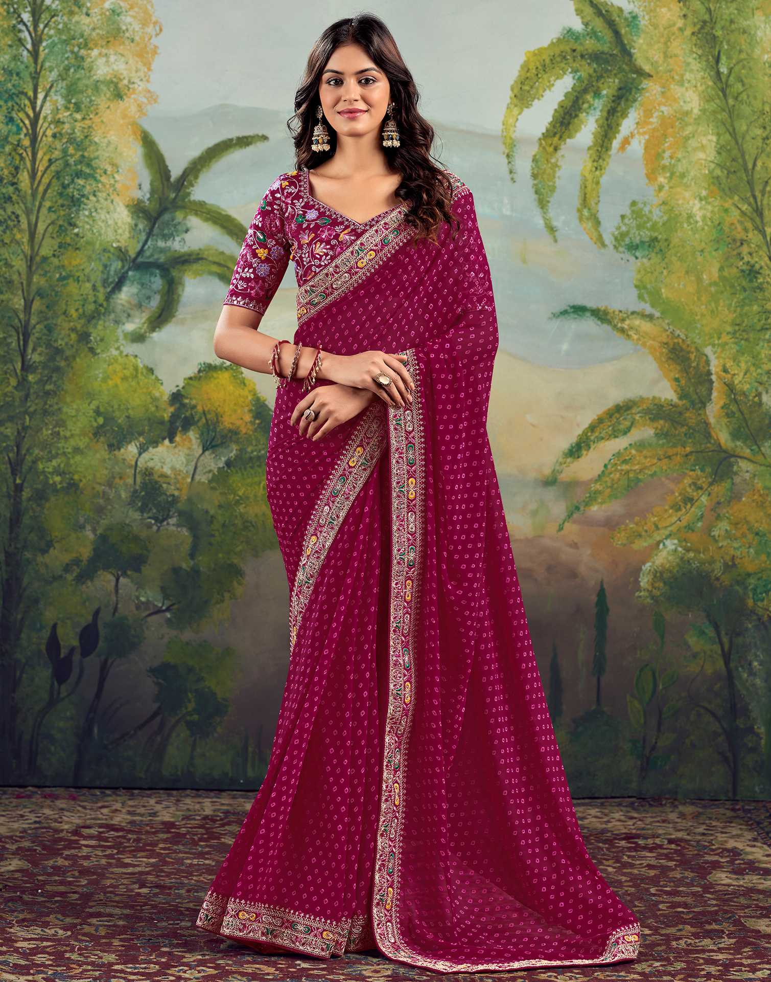 Rani Pink Georgette Bandhani Printed Saree