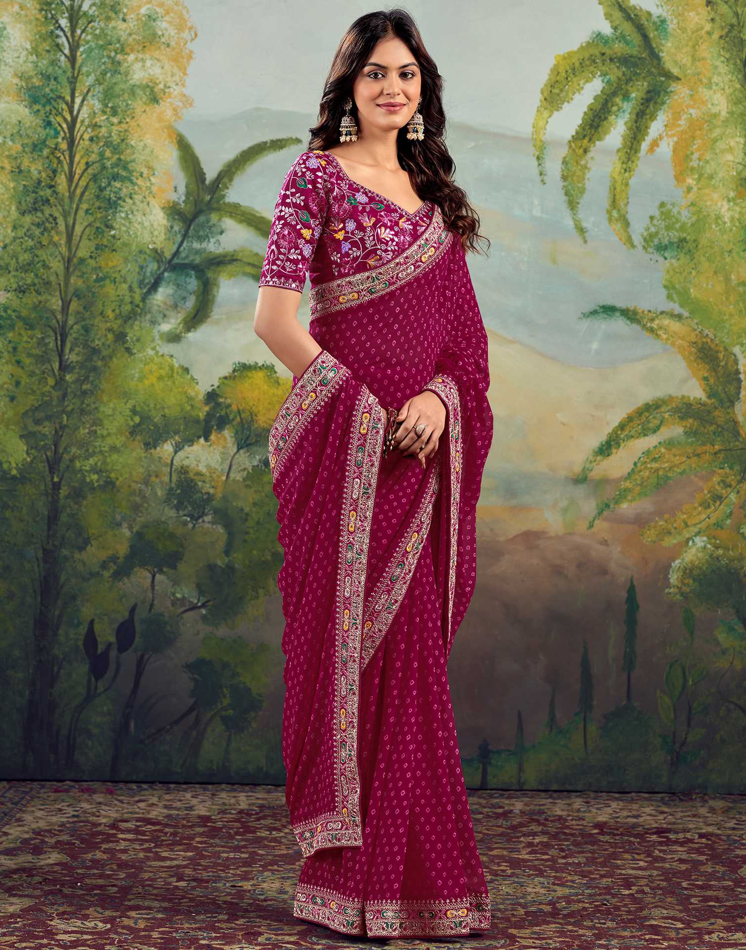 Rani Pink Georgette Bandhani Printed Saree