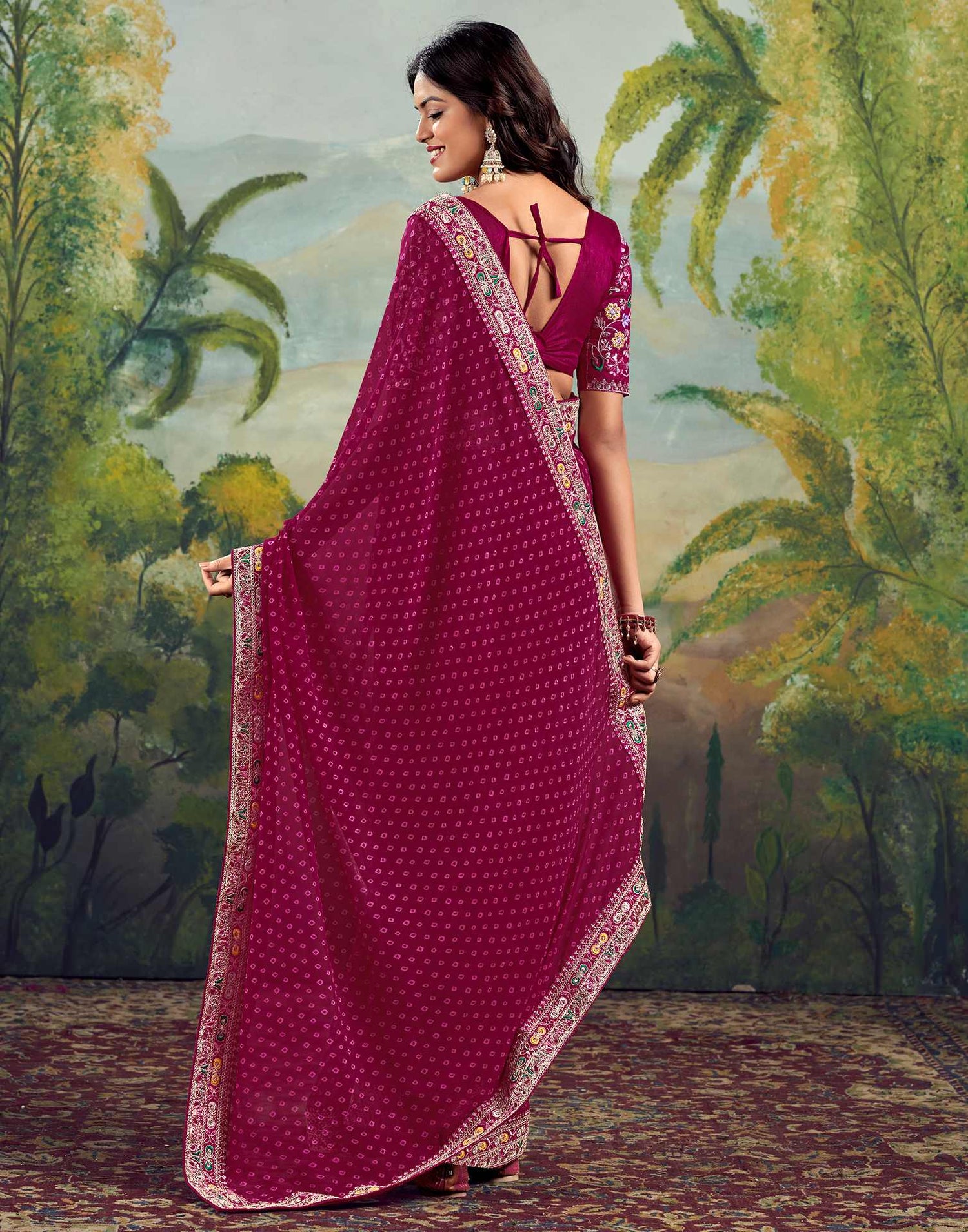 Rani Pink Georgette Bandhani Printed Saree