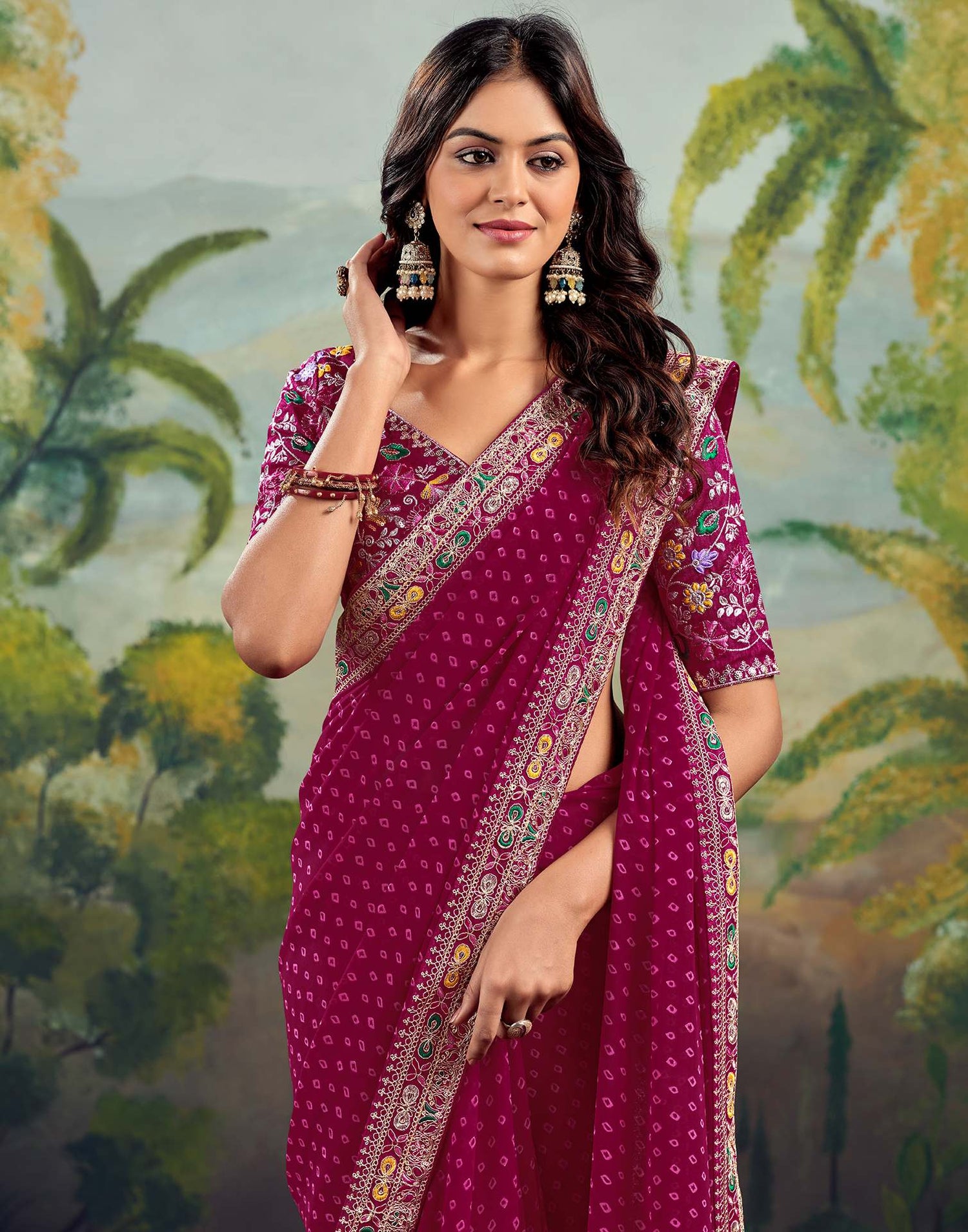 Rani Pink Georgette Bandhani Printed Saree