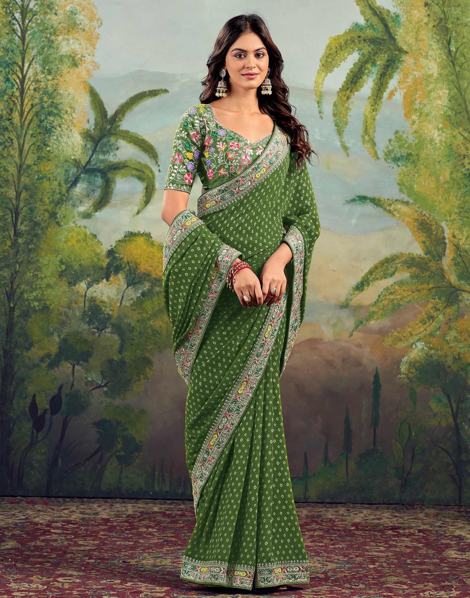 Green Georgette Bandhani Printed Saree