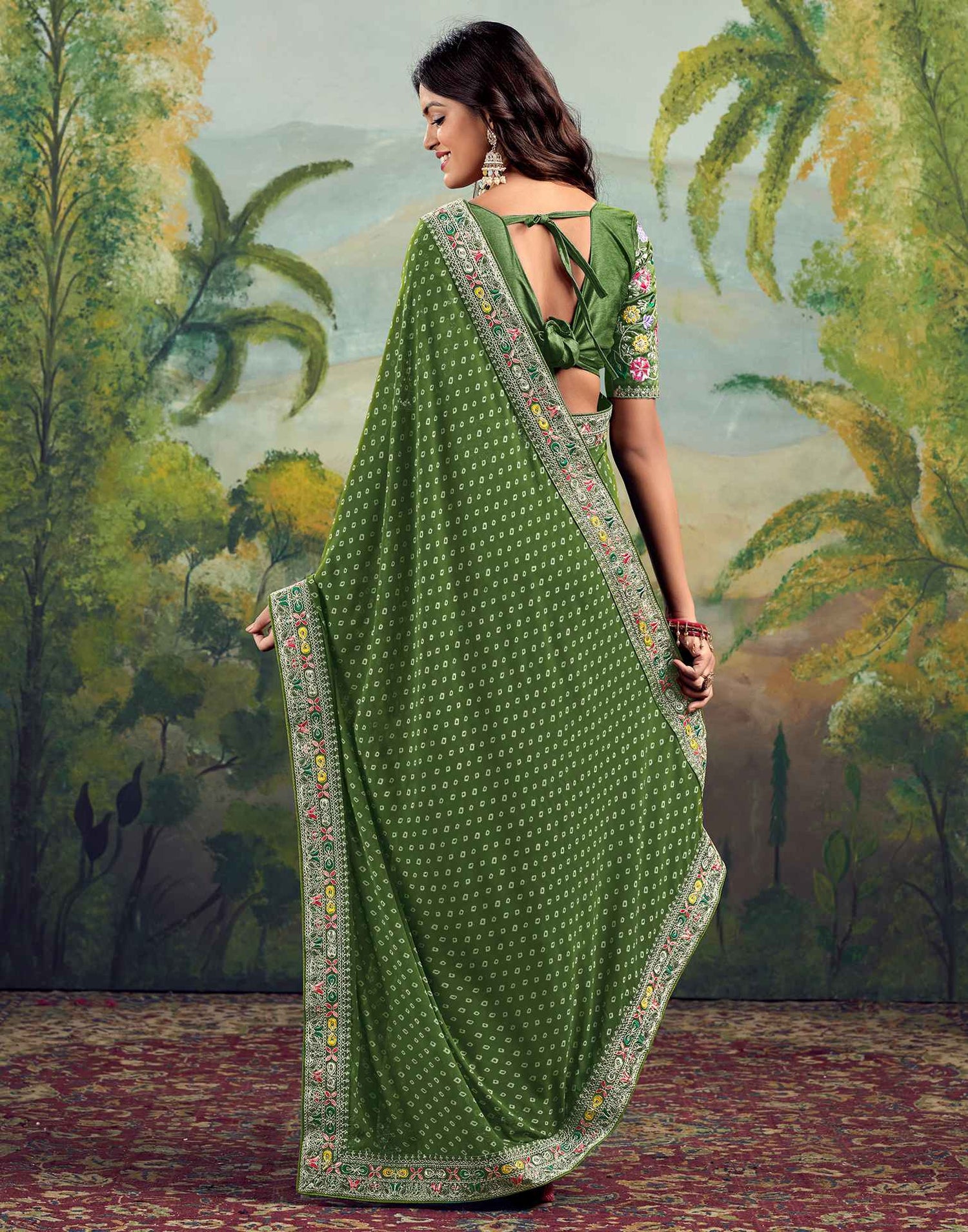 Green Georgette Bandhani Printed Saree