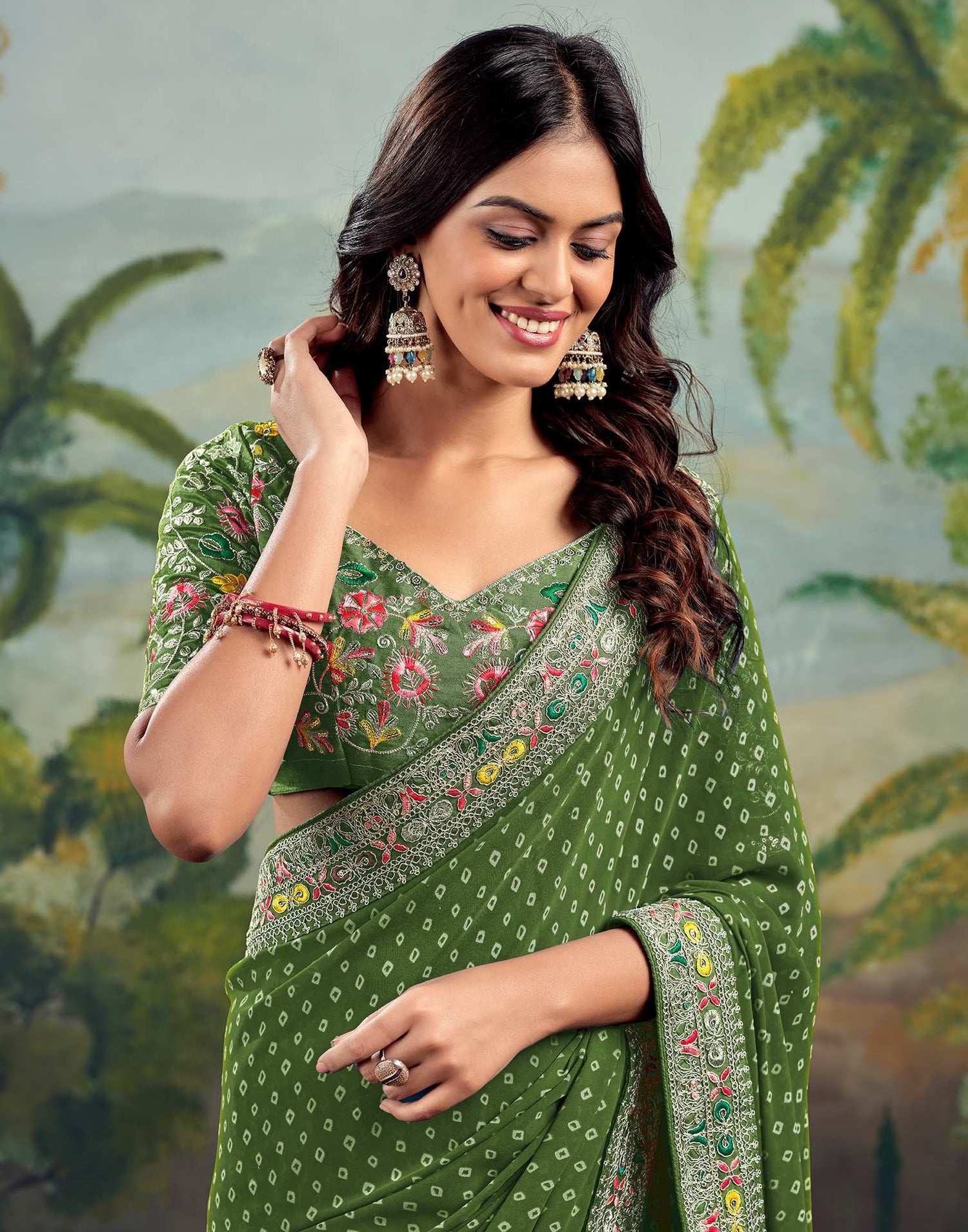 Green Georgette Bandhani Printed Saree