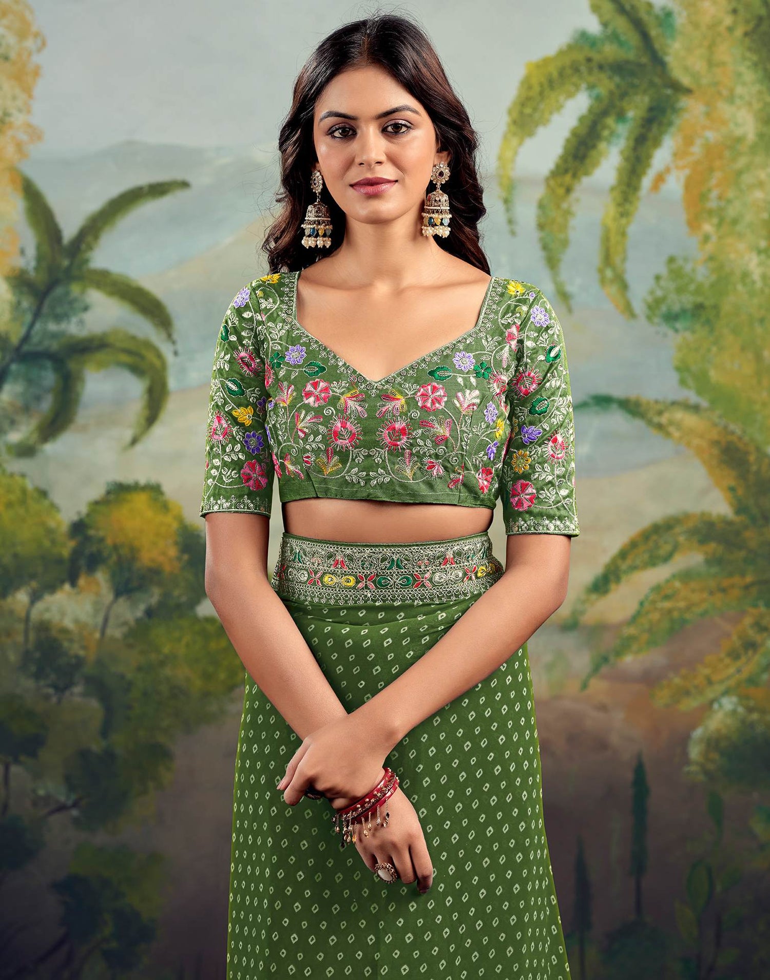 Green Georgette Bandhani Printed Saree