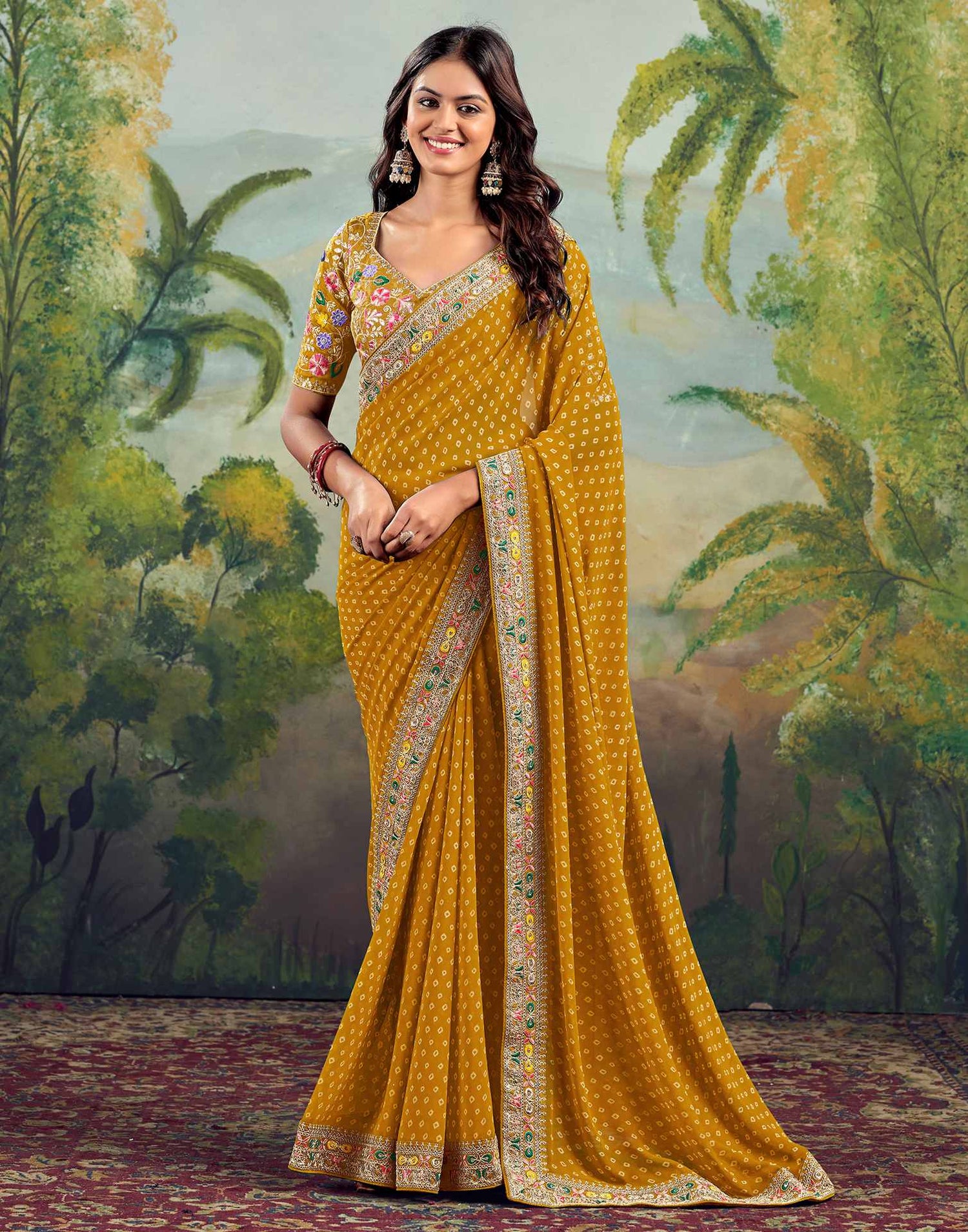 Turmeric Yellow Georgette Bandhani Printed Saree