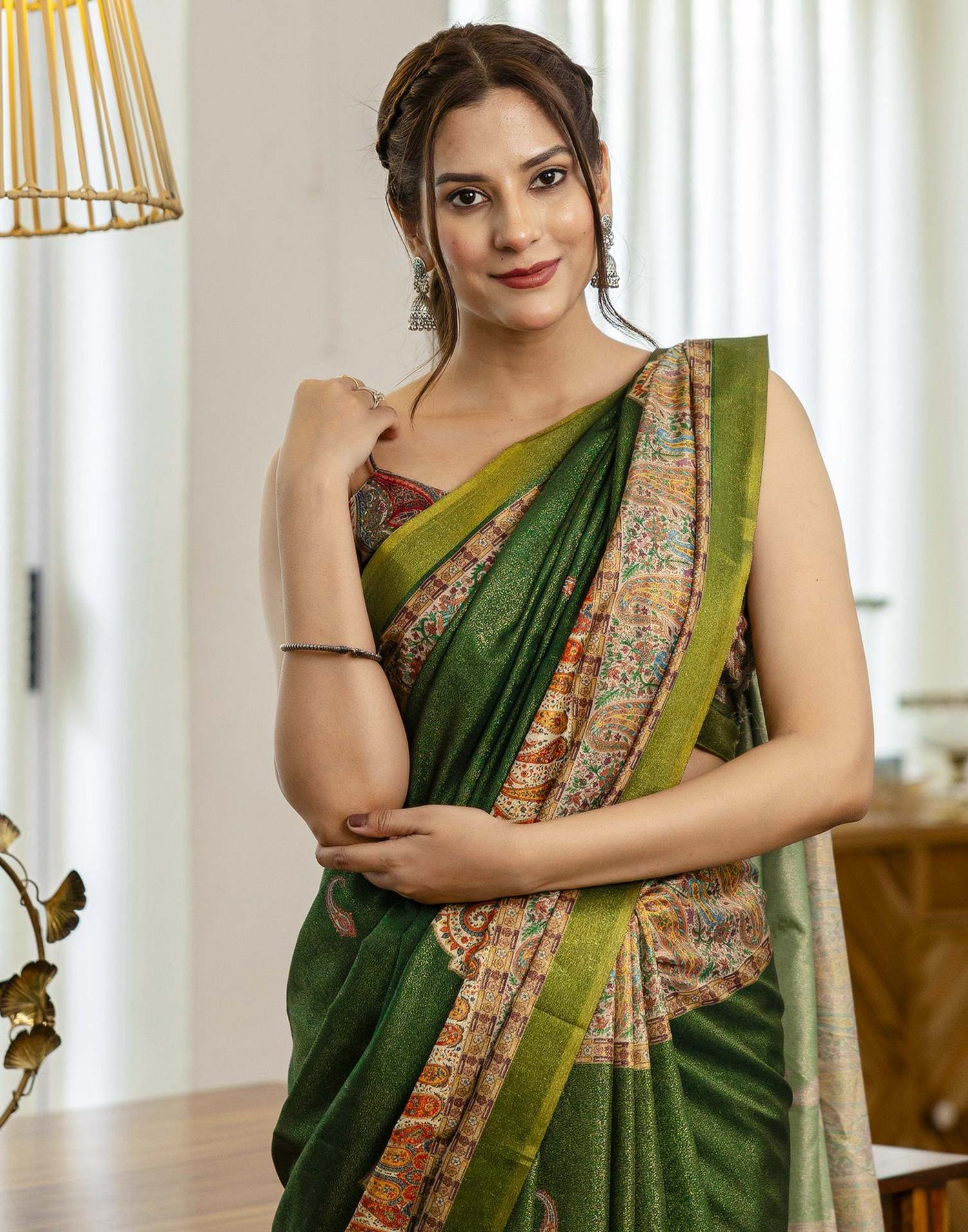 Dark Green Shimmer Silk Printed Saree
