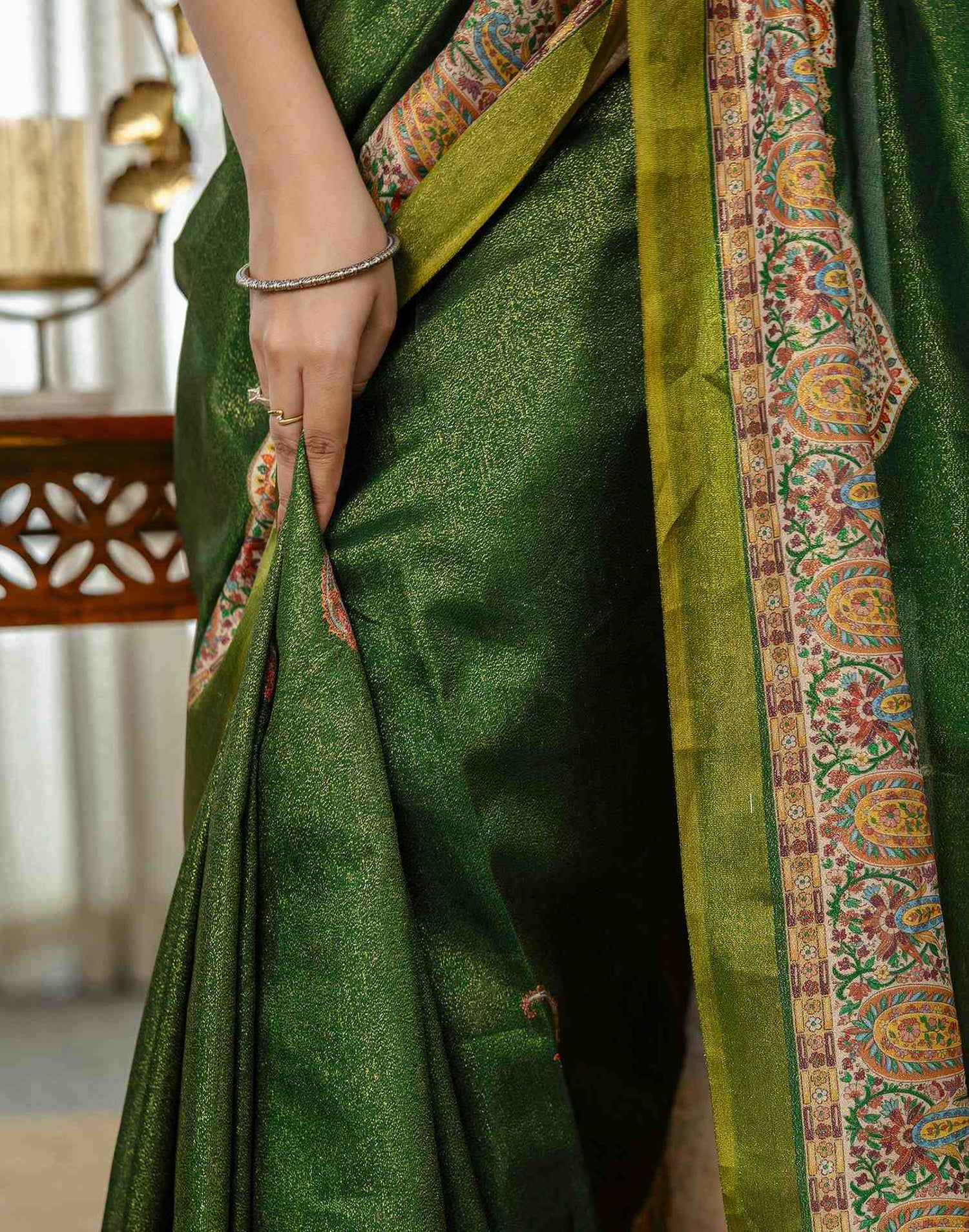 Dark Green Shimmer Silk Printed Saree