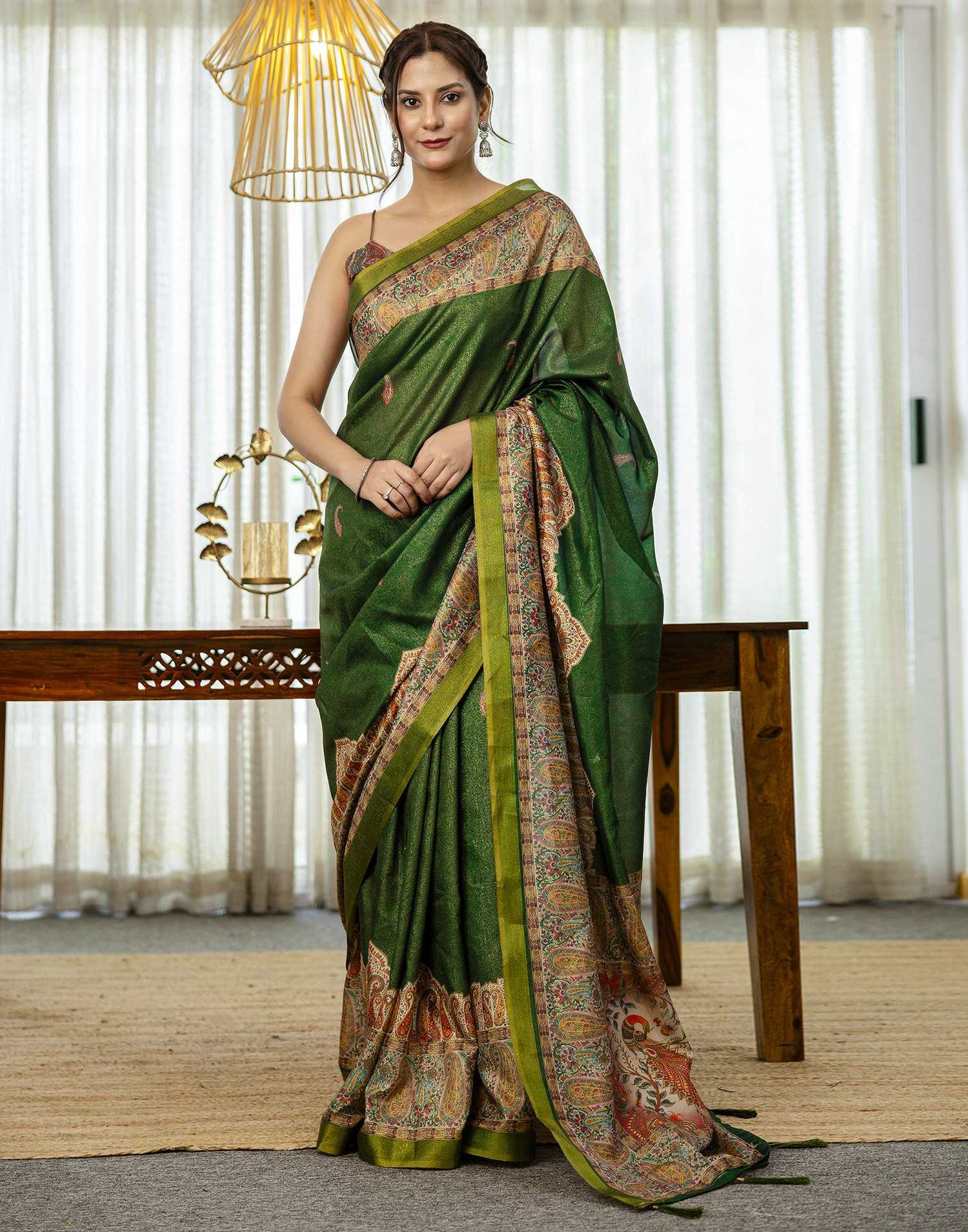 Dark Green Shimmer Silk Printed Saree