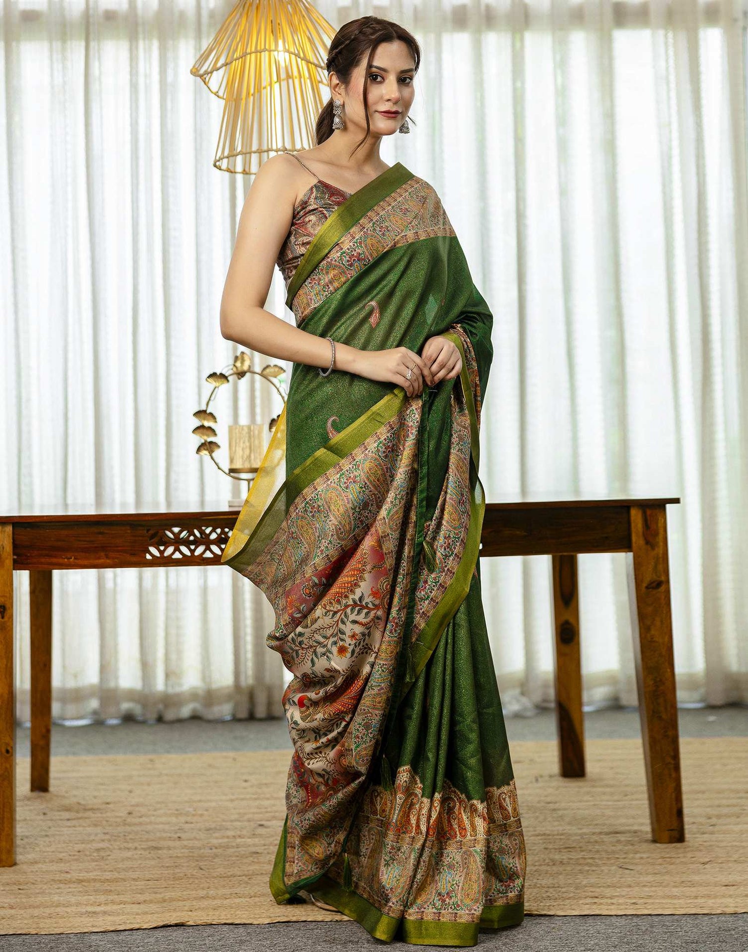 Dark Green Shimmer Silk Printed Saree