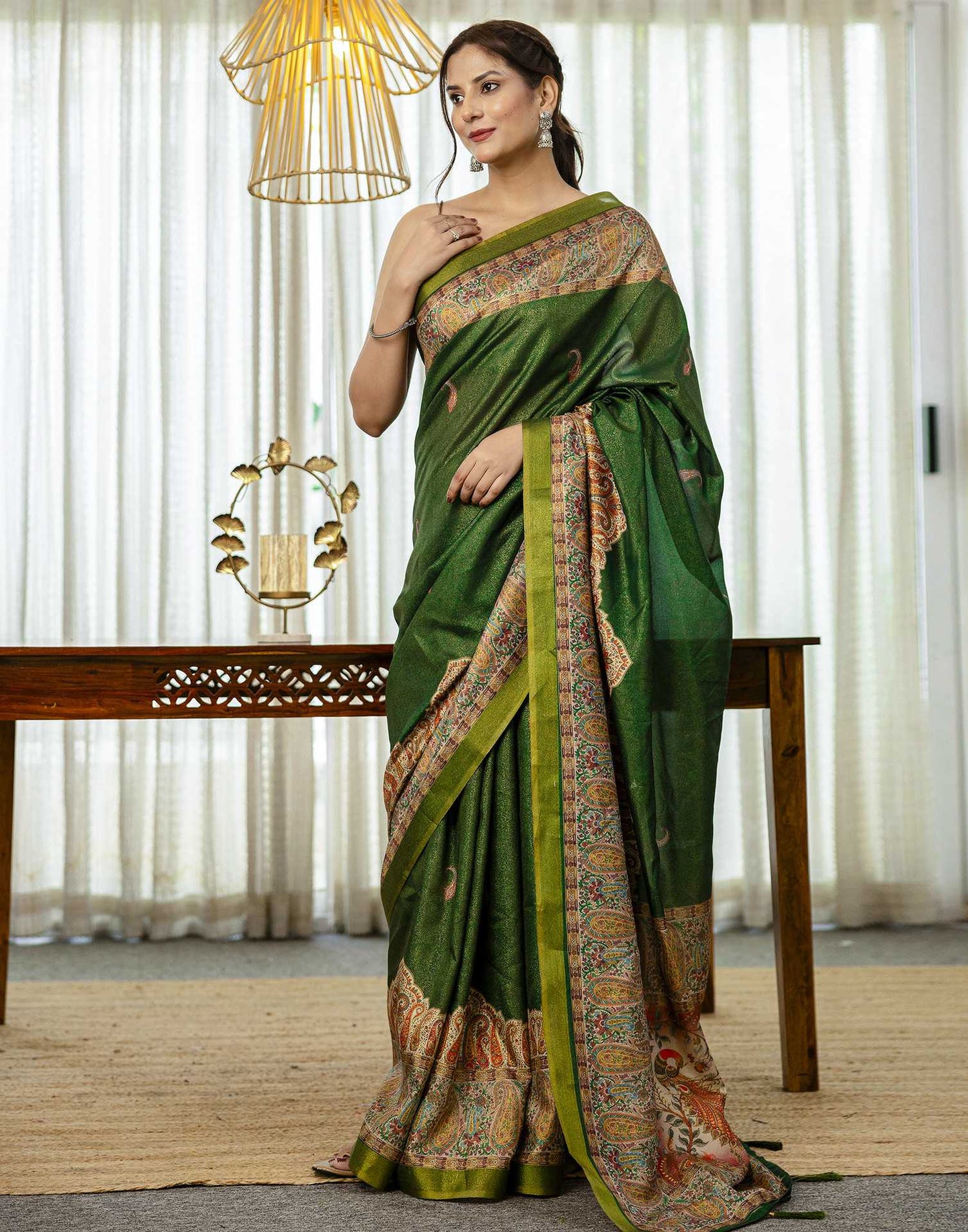Dark Green Shimmer Silk Printed Saree