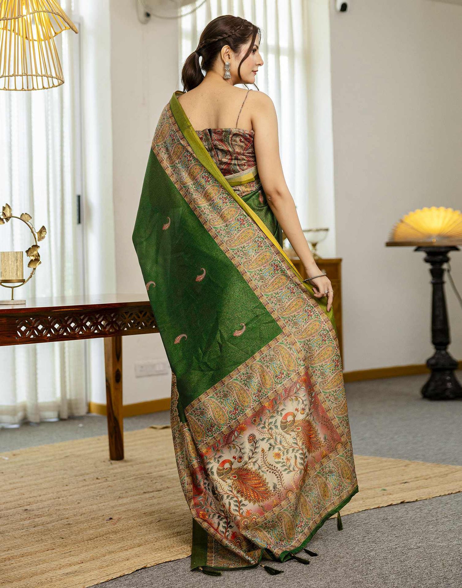Dark Green Shimmer Silk Printed Saree