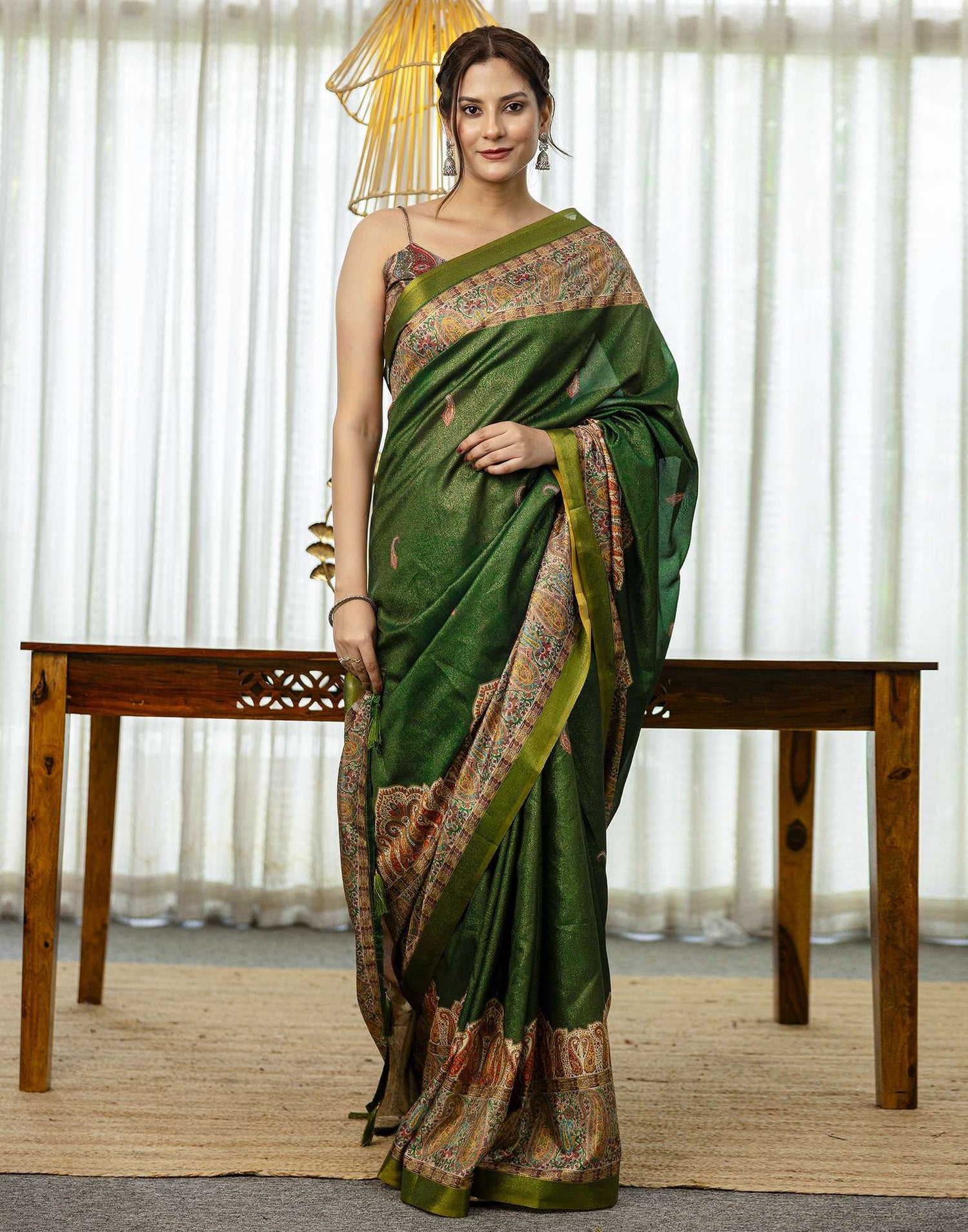 Dark Green Shimmer Silk Printed Saree