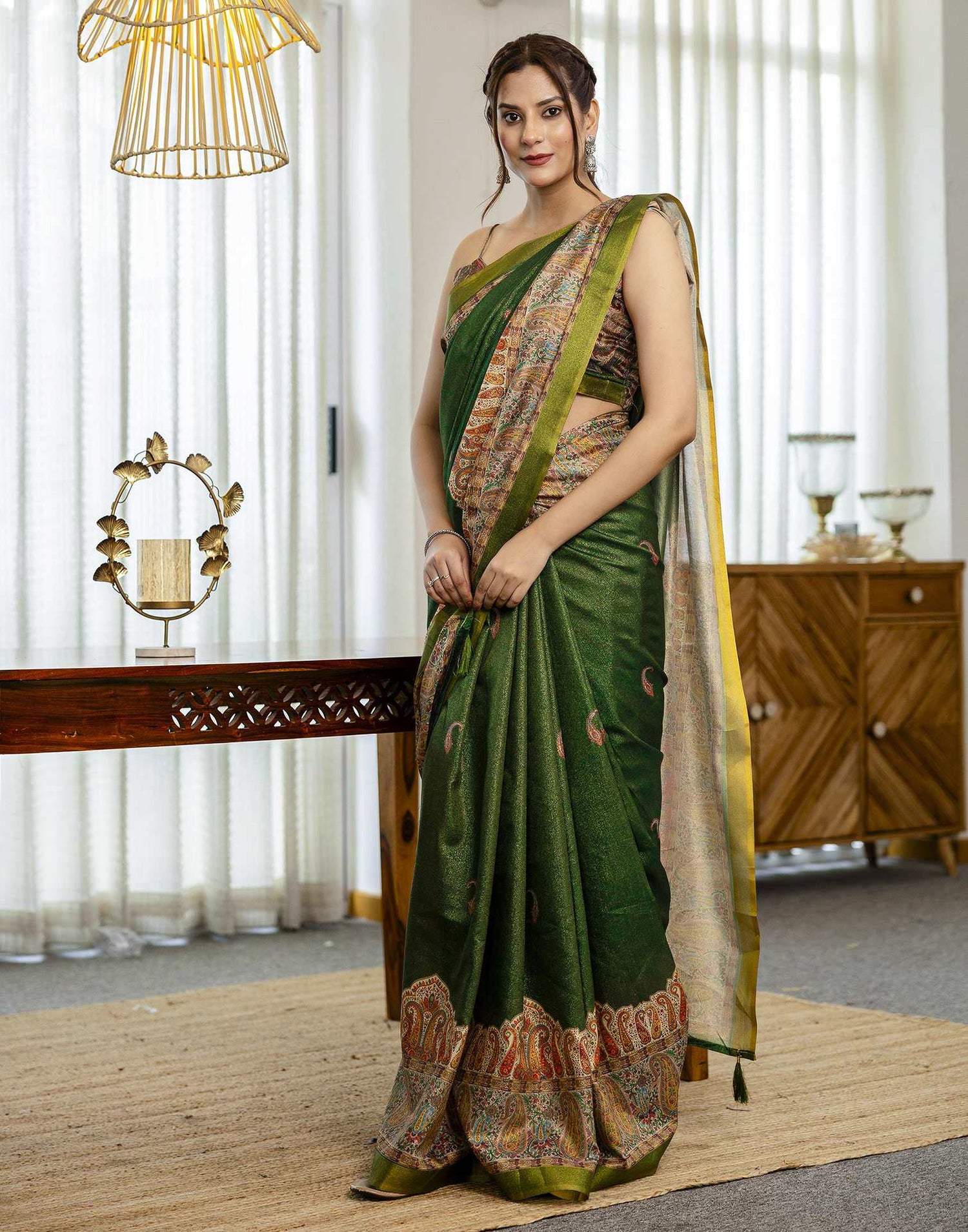 Dark Green Shimmer Silk Printed Saree