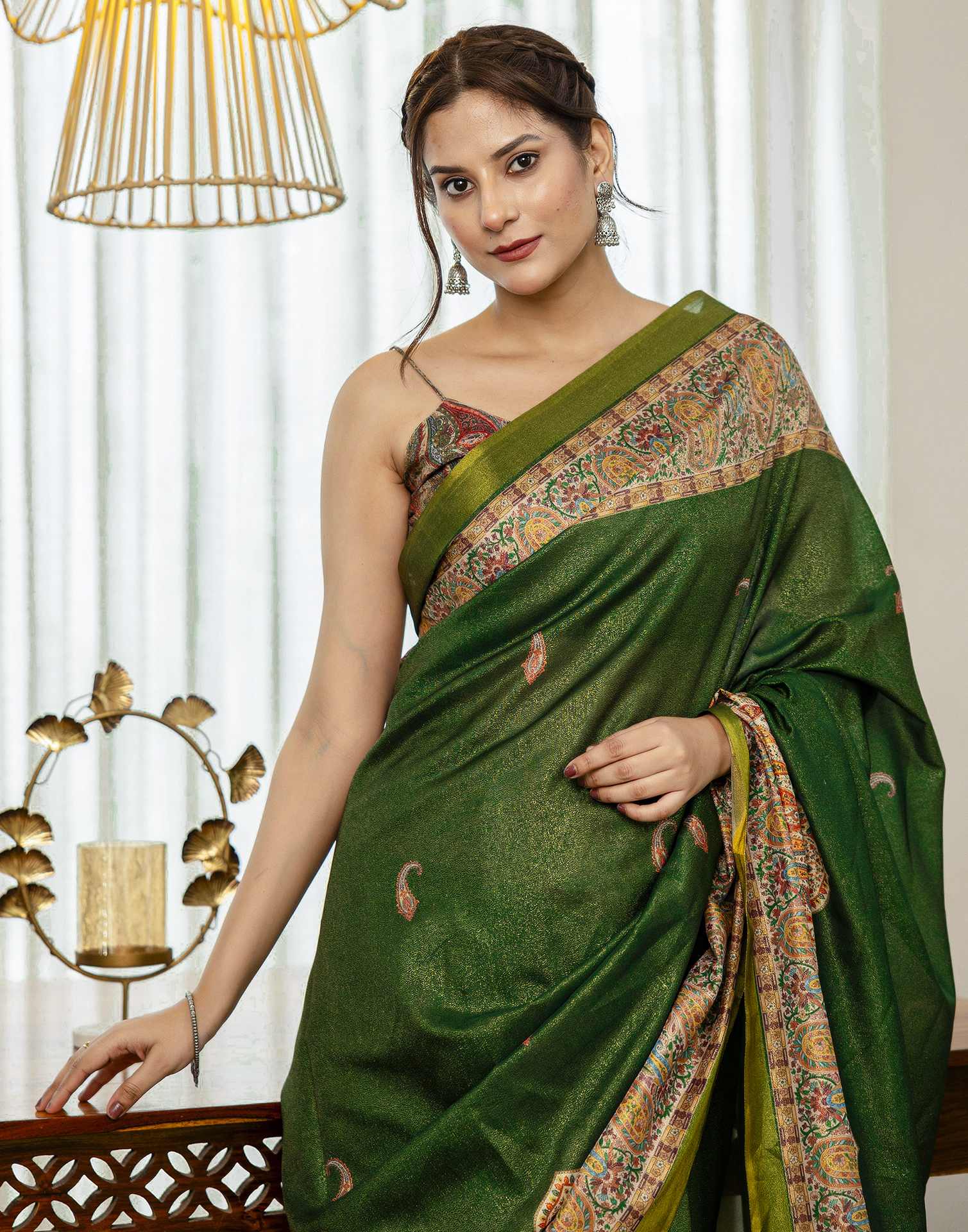 Dark Green Shimmer Silk Printed Saree