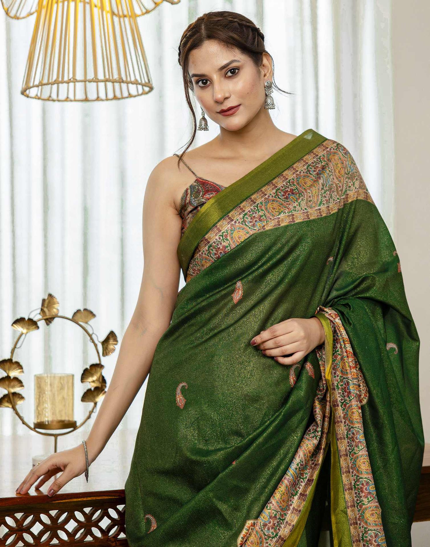 Dark Green Shimmer Silk Printed Saree