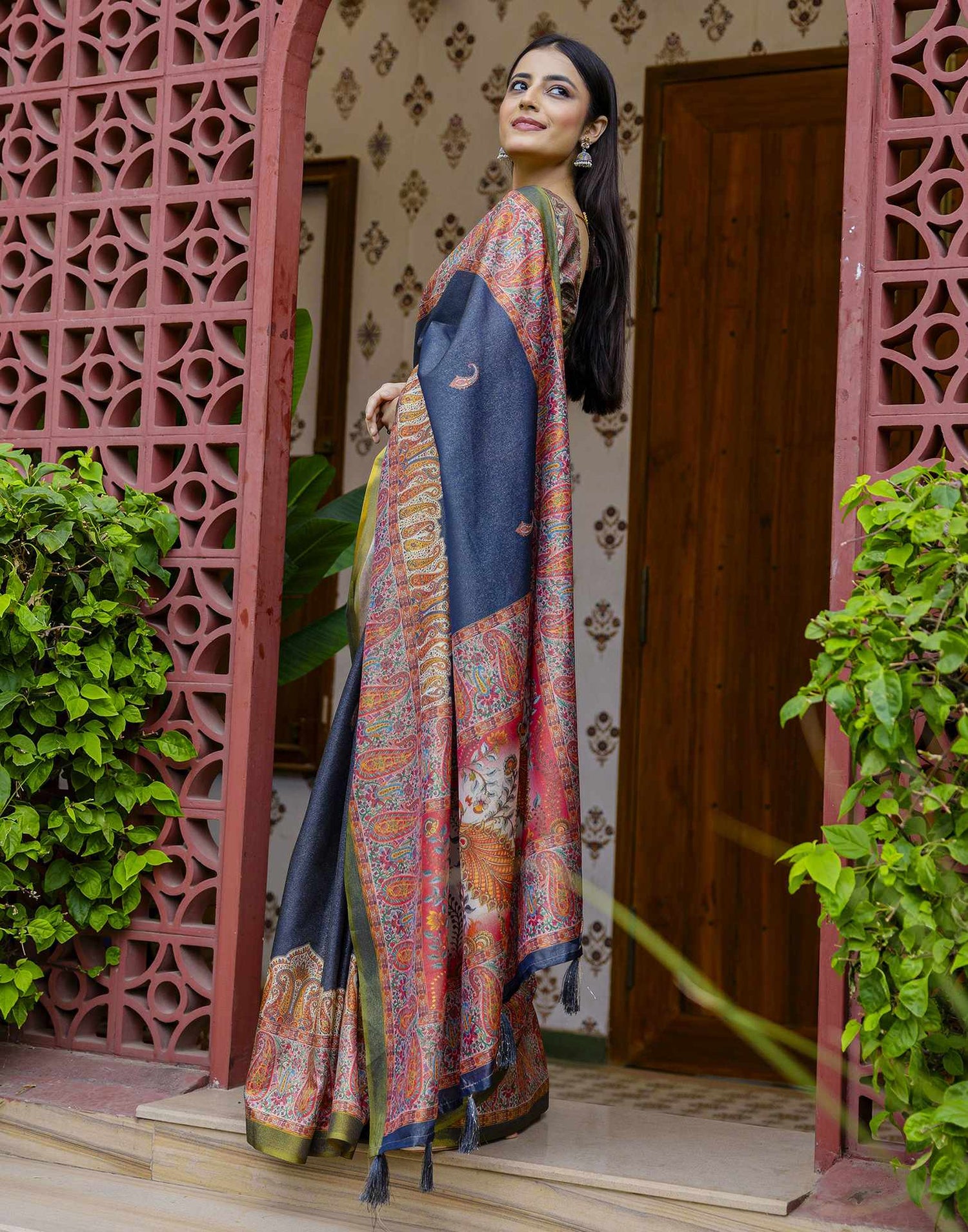 Navy Blue Shimmer Silk Printed Saree
