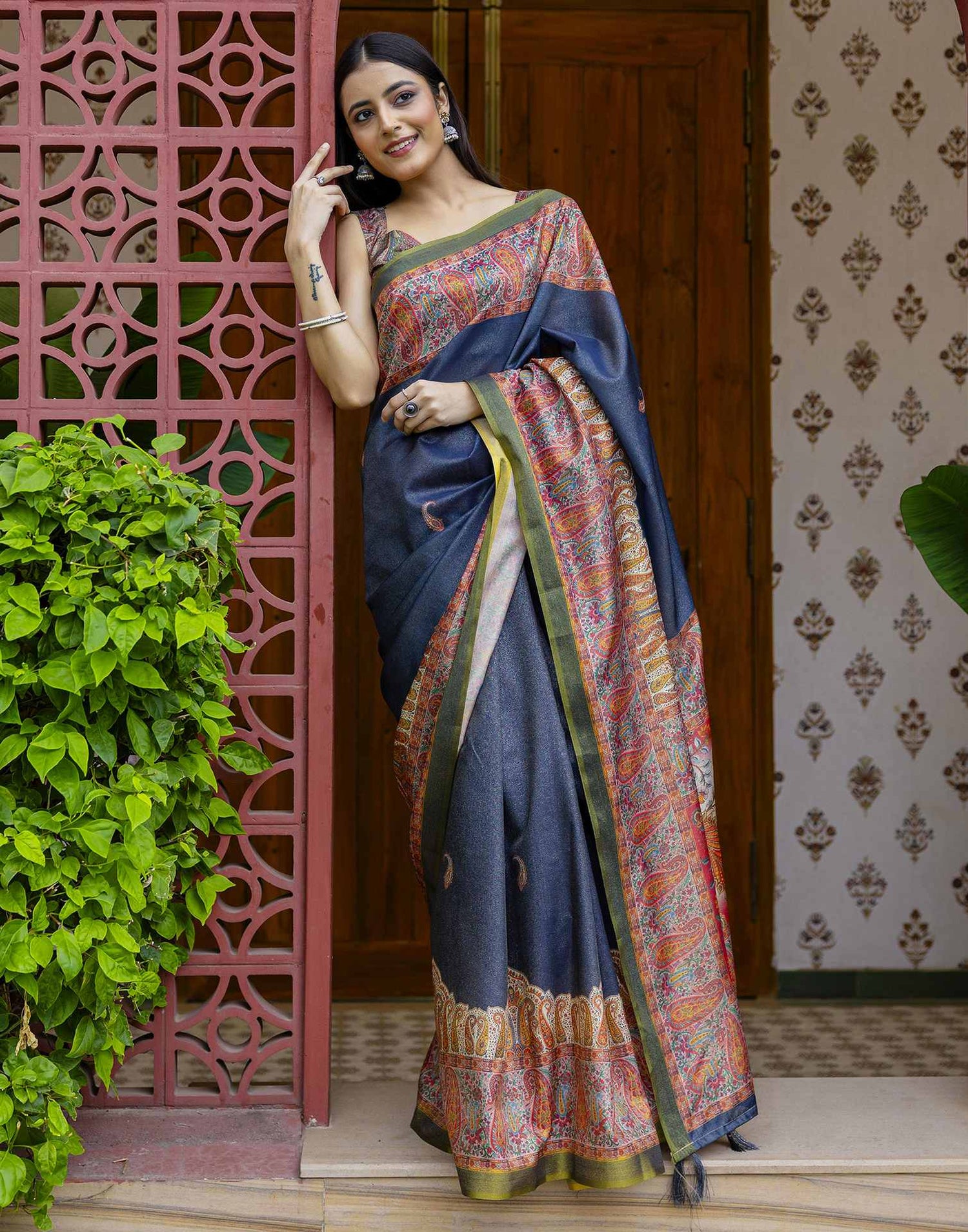 Navy Blue Shimmer Silk Printed Saree