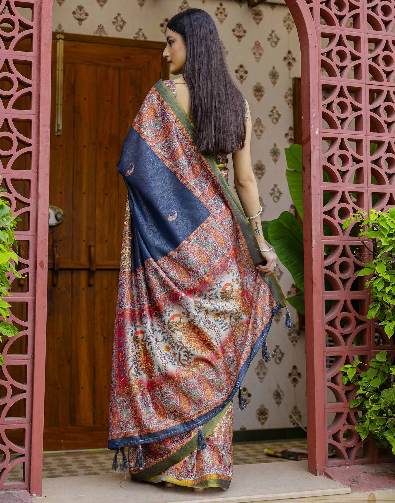 Navy Blue Shimmer Silk Printed Saree