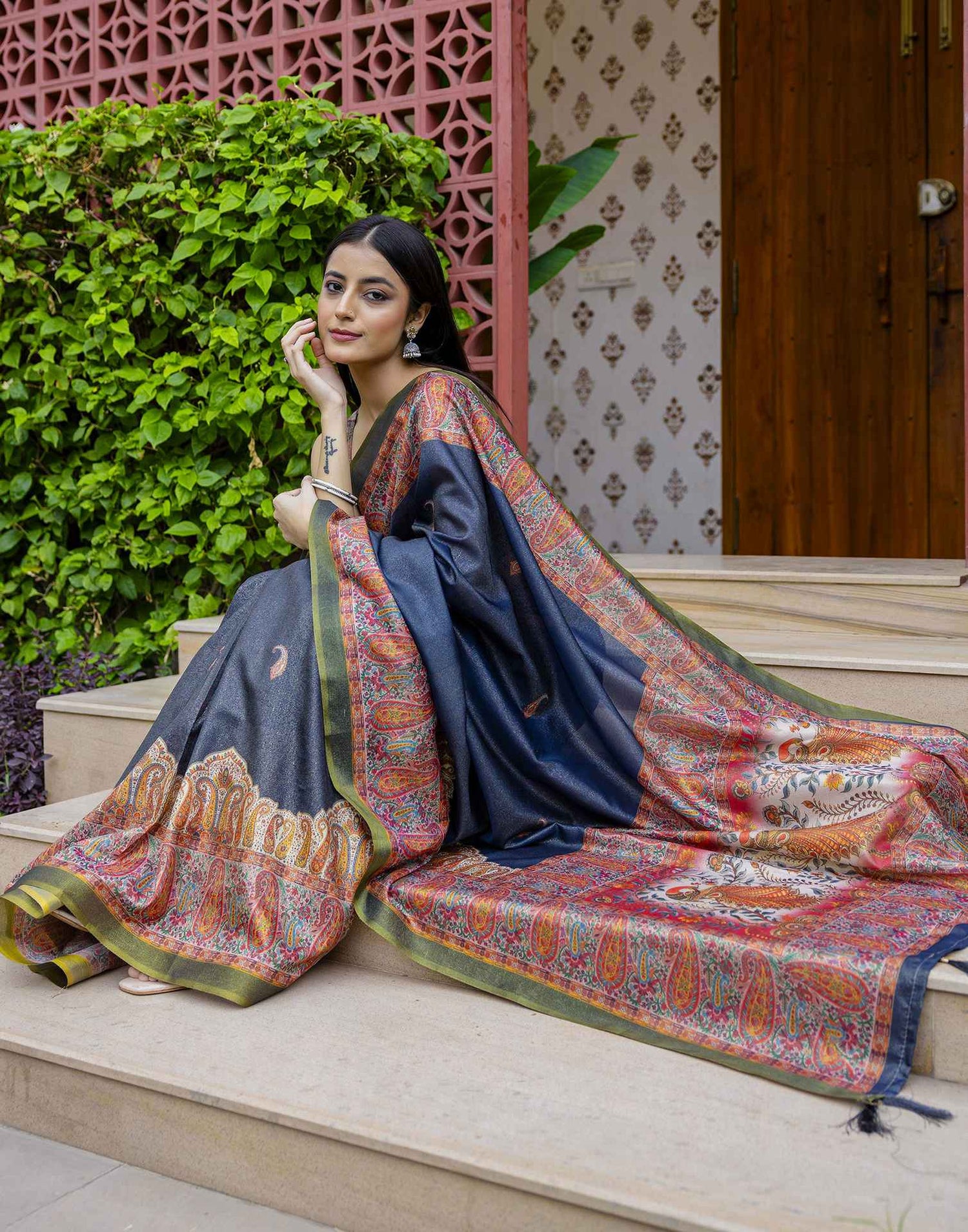 Navy Blue Shimmer Silk Printed Saree