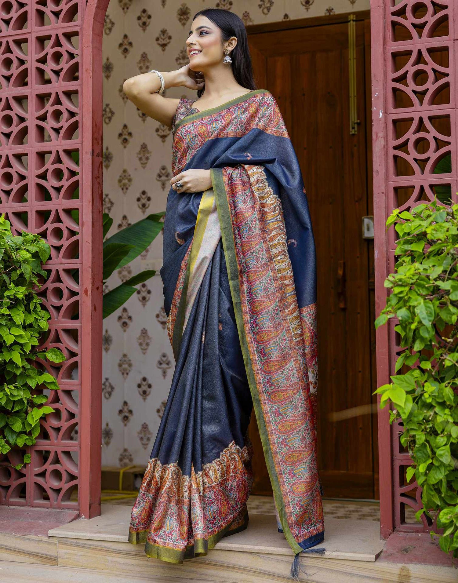 Navy Blue Shimmer Silk Printed Saree