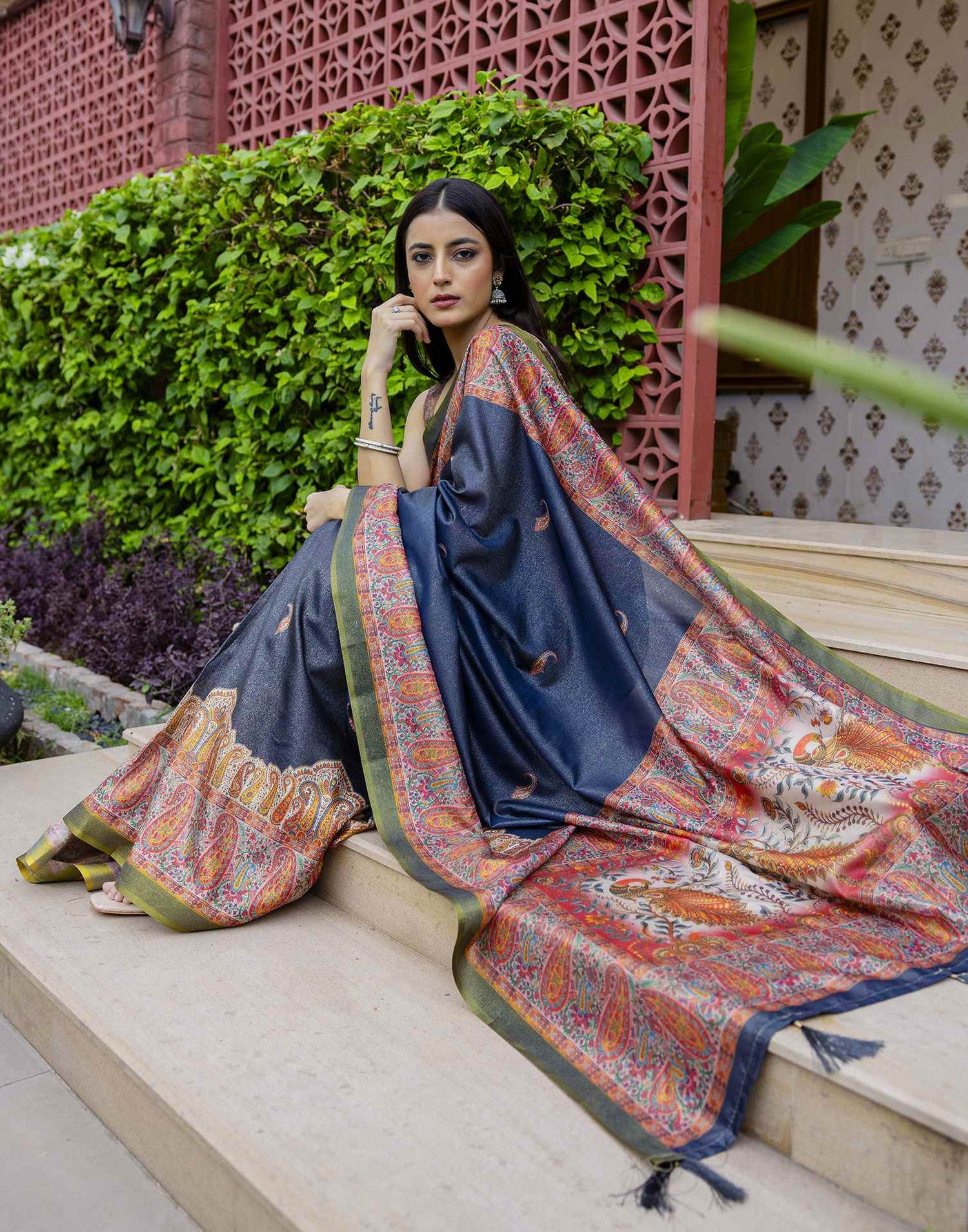 Navy Blue Shimmer Silk Printed Saree